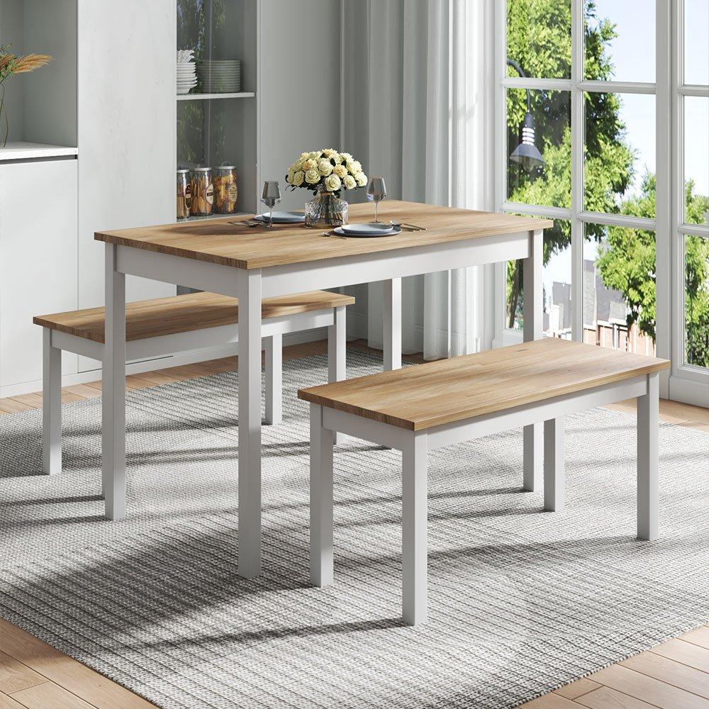 White Brown - Kabinet UK - 3 Piece Modern Wood Dining Table and Benches Set - 2