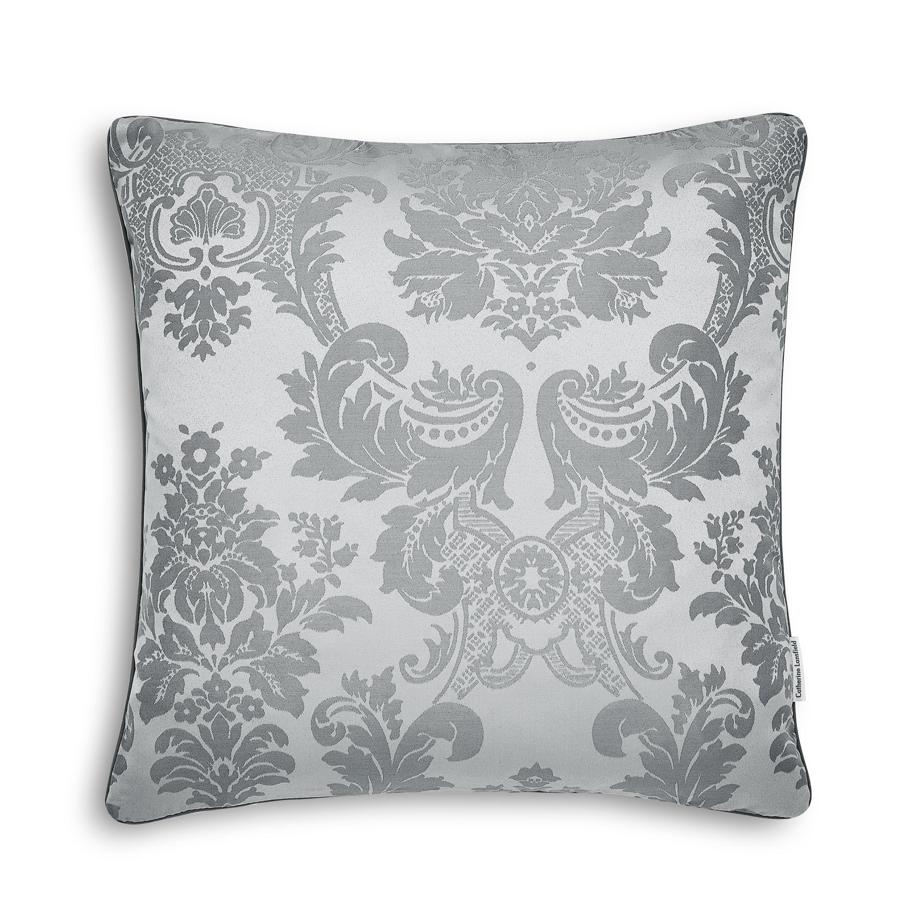 Silver Grey - Catherine Lansfield - Damask Jacquard Woven Piped Zip Closure Cushion - 3