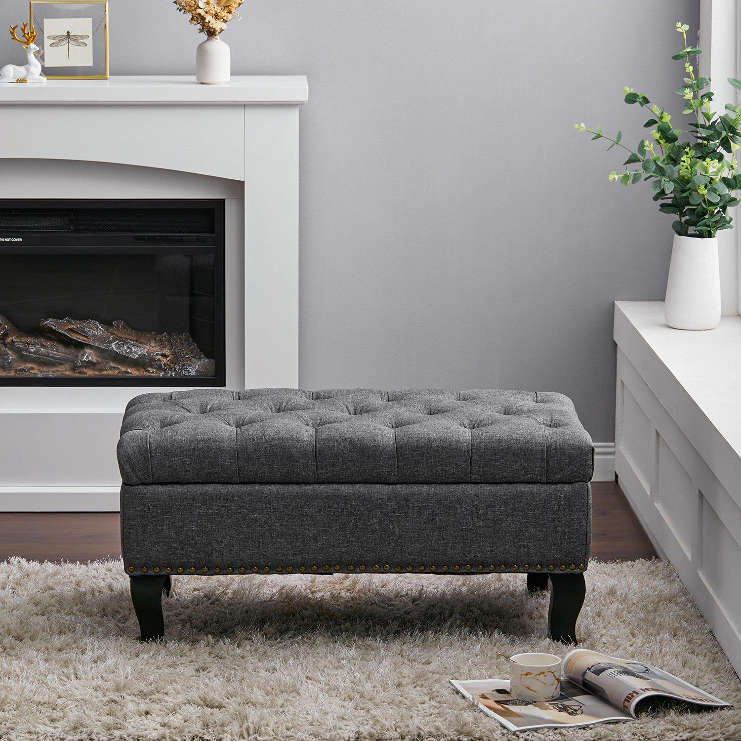 Grey - Kabinet UK - Modern Nailhead Trim Buttoned Ottoman Bench - 2
