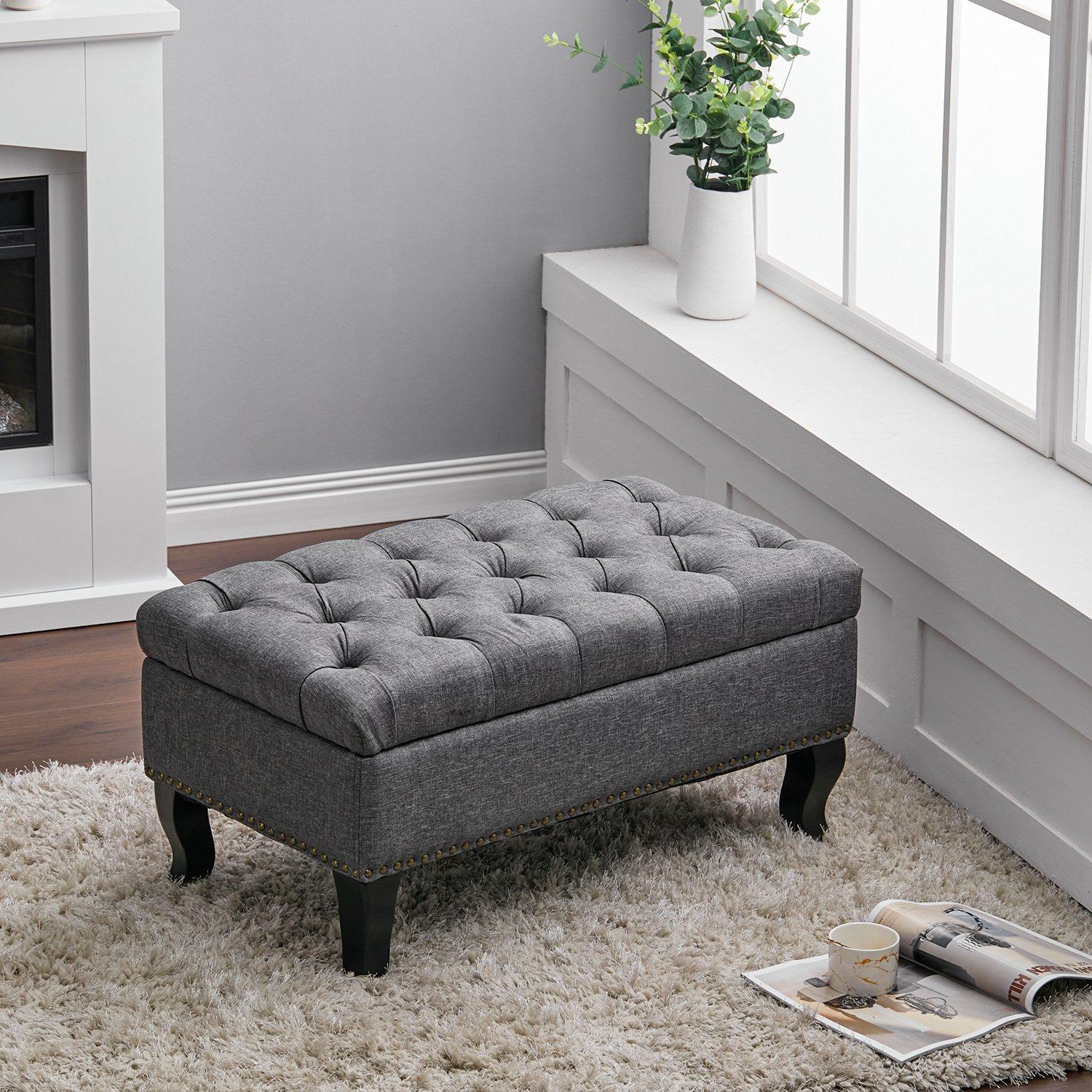 Grey - Kabinet UK - Modern Nailhead Trim Buttoned Ottoman Bench - 3