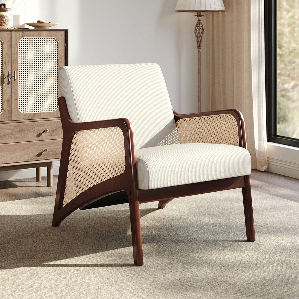 White - Kabinet UK - Corduroy Armchair with Rattan Armrest - 1