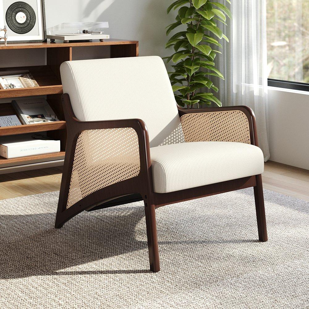 White - Kabinet UK - Corduroy Armchair with Rattan Armrest - 2
