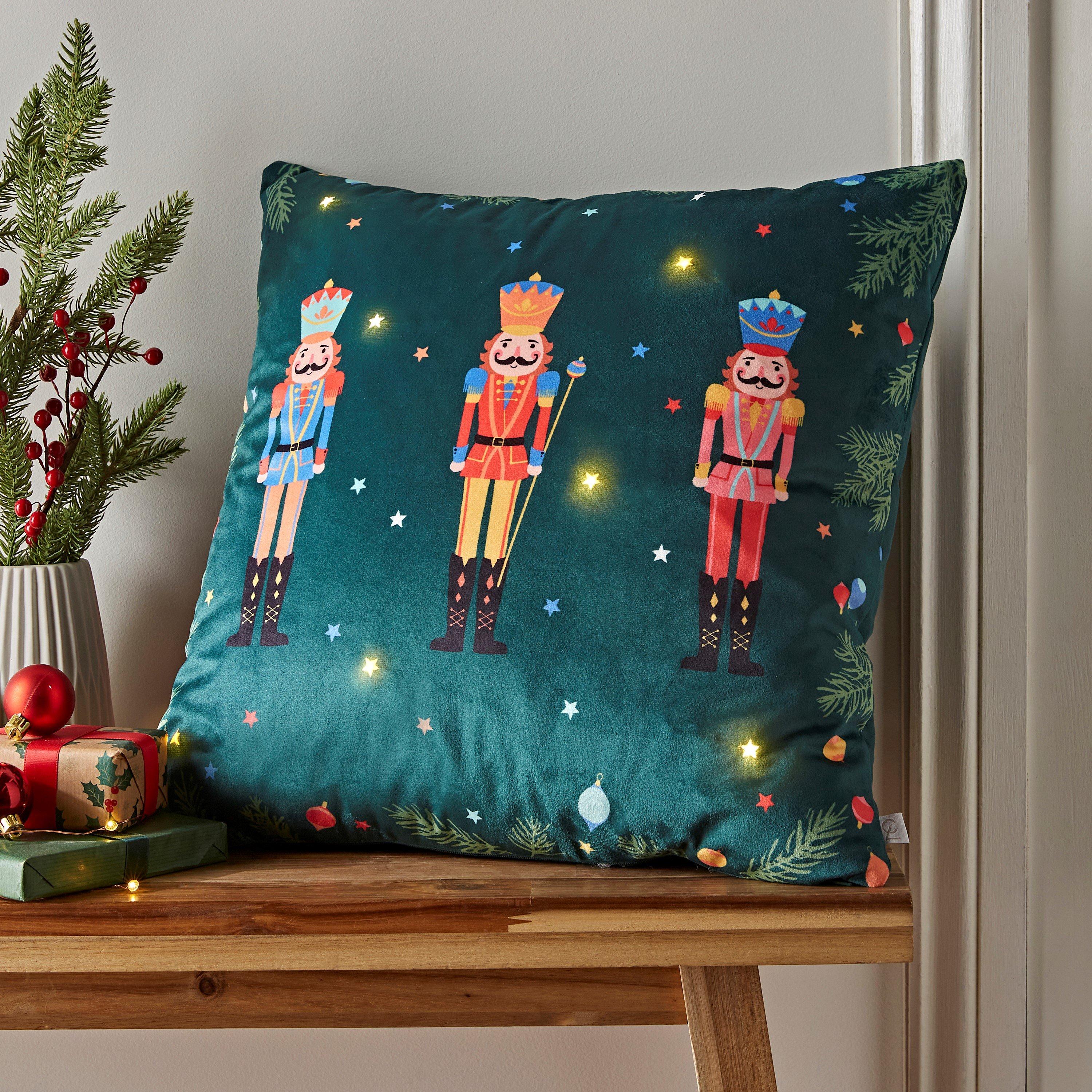 Catherine Lansfield  Christmas Nutcracker Soft Velvet Light Up Cushion - Green - 45x45cm