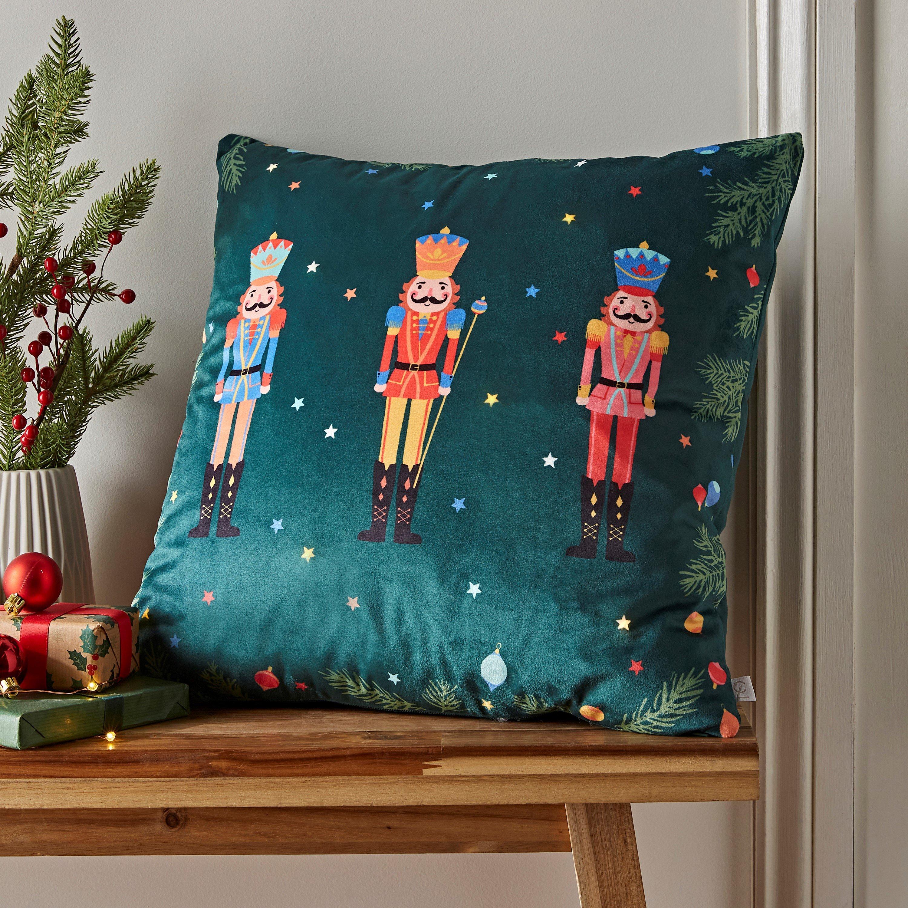 Green - Catherine Lansfield - Christmas Nutcracker Soft Velvet Light Up Cushion - 2