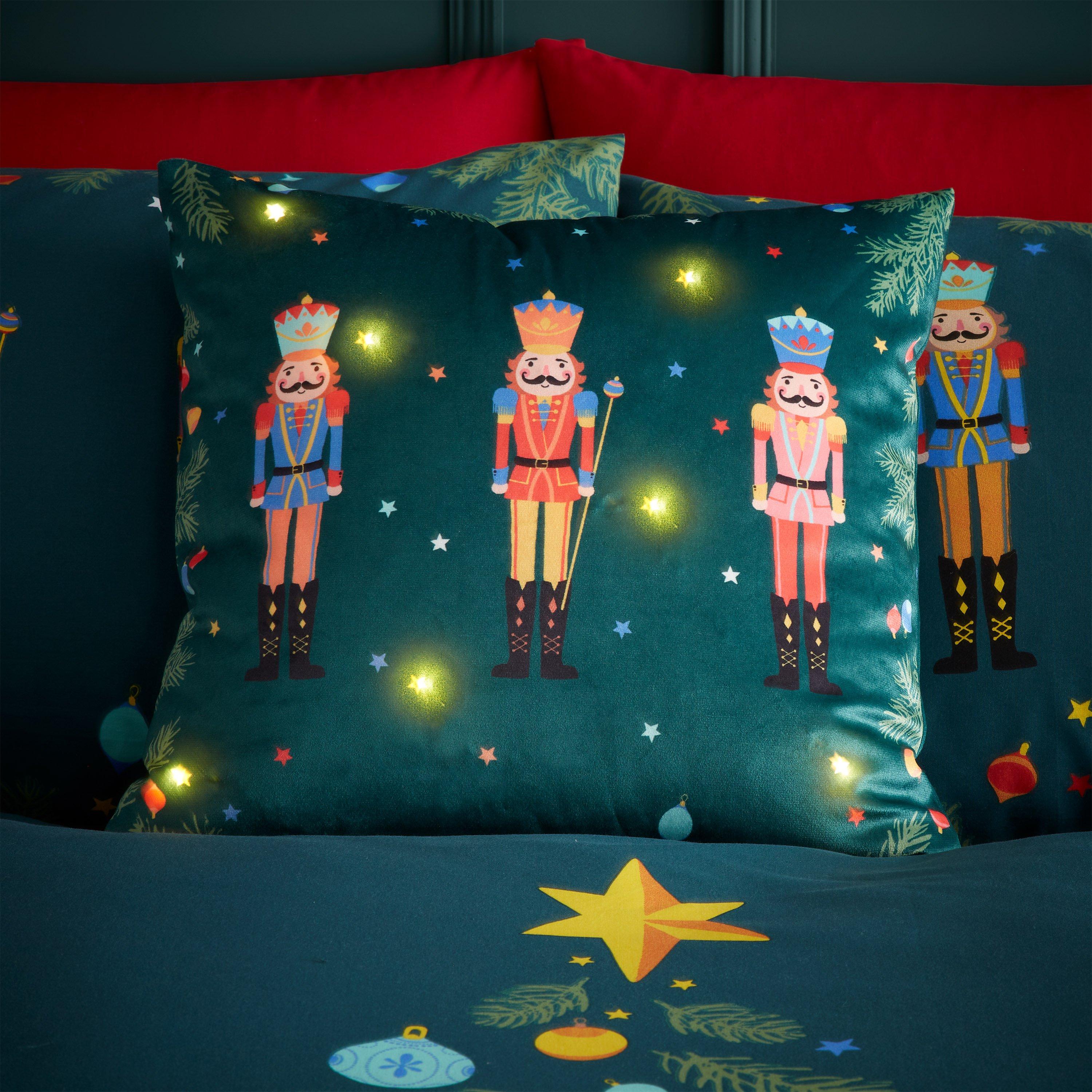 Green - Catherine Lansfield - Christmas Nutcracker Soft Velvet Light Up Cushion - 3