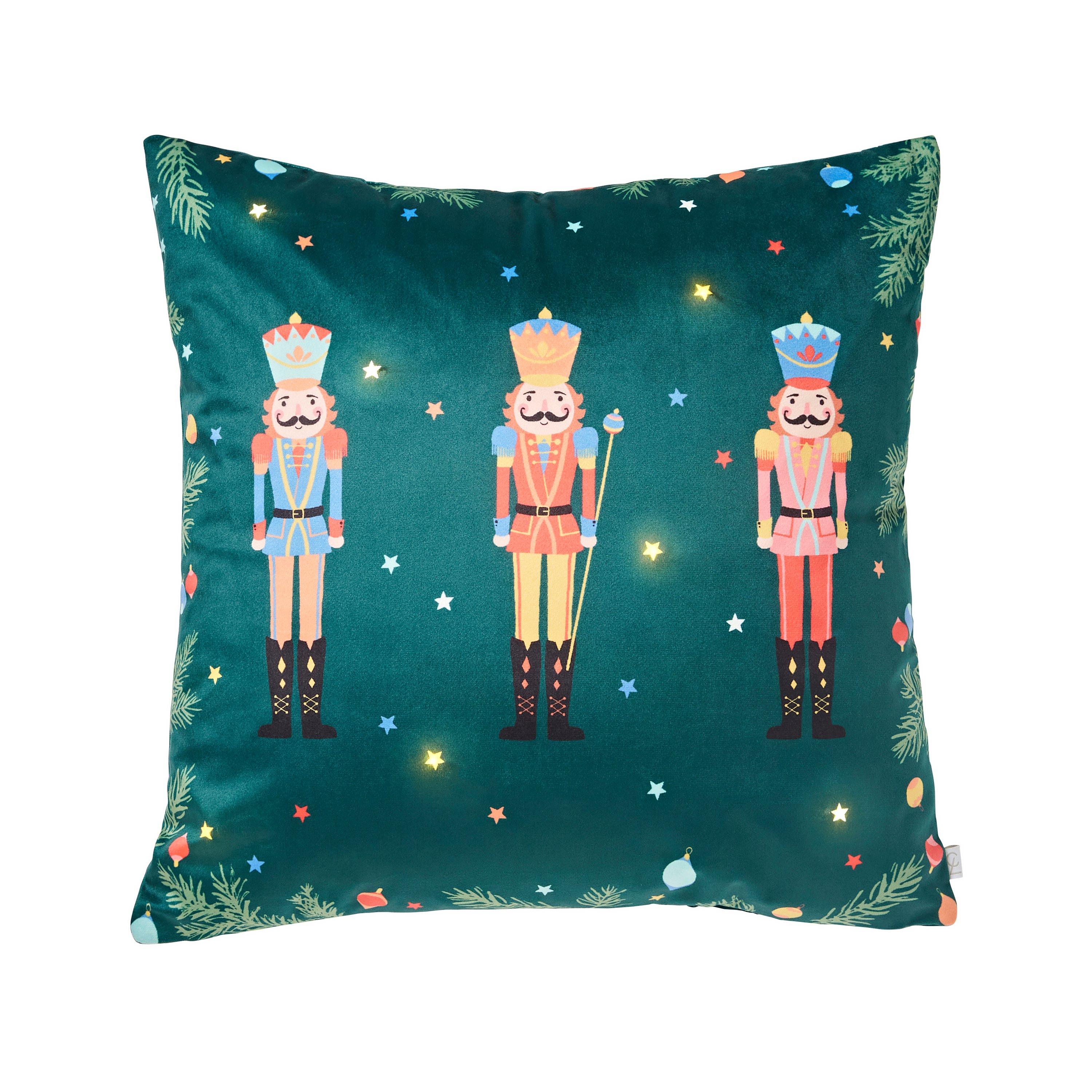 Green - Catherine Lansfield - Christmas Nutcracker Soft Velvet Light Up Cushion - 5