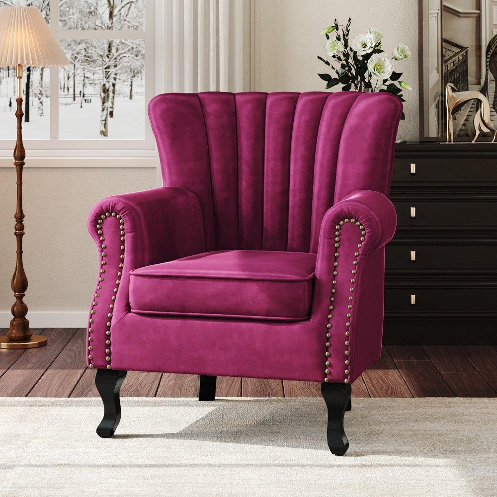 Wine Red - Kabinet UK - Vintage Velvet Wing Back Armchair with Studs - 2