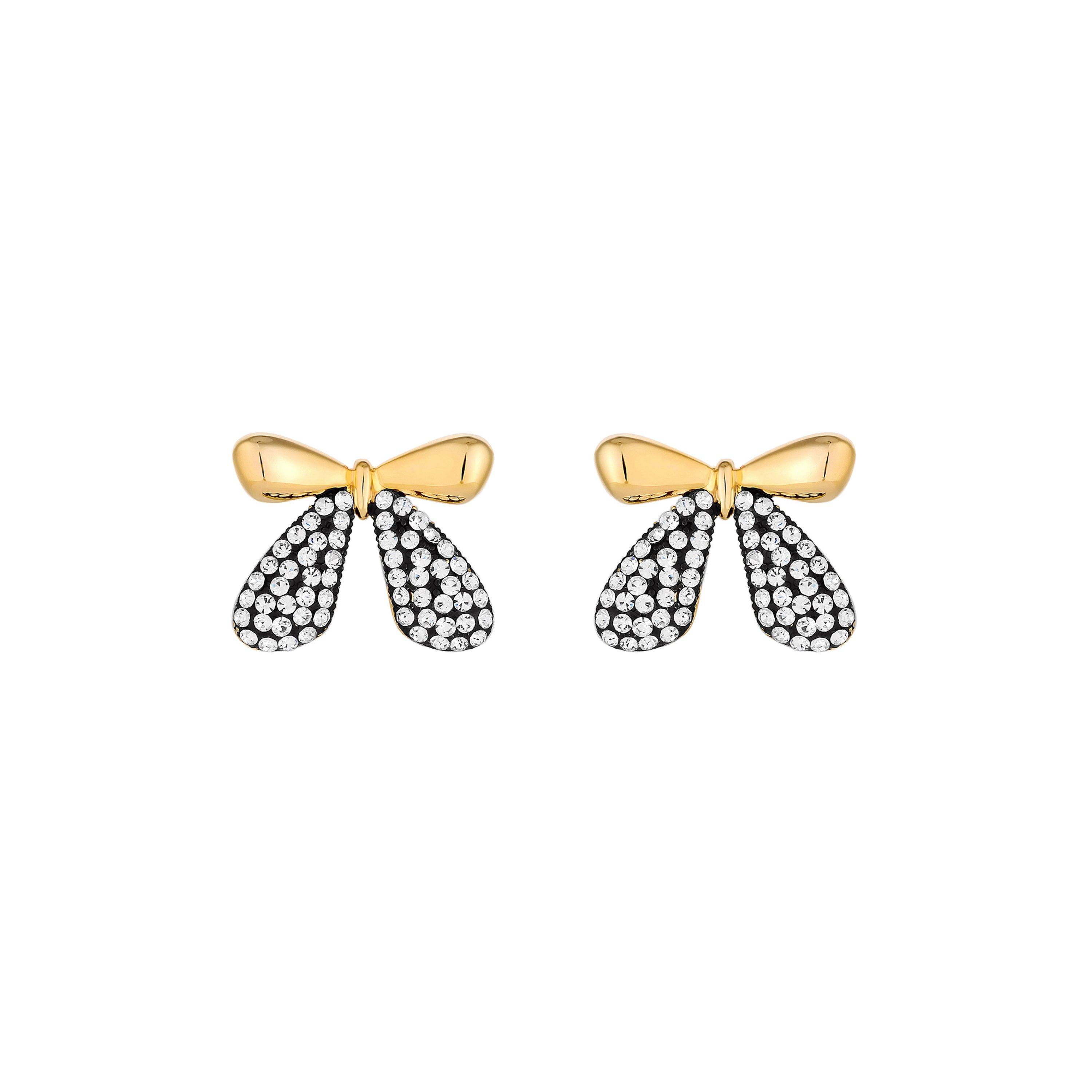 Gold - Mood - Gold Black And Crystal Mini Bow Stud Earrings - 1