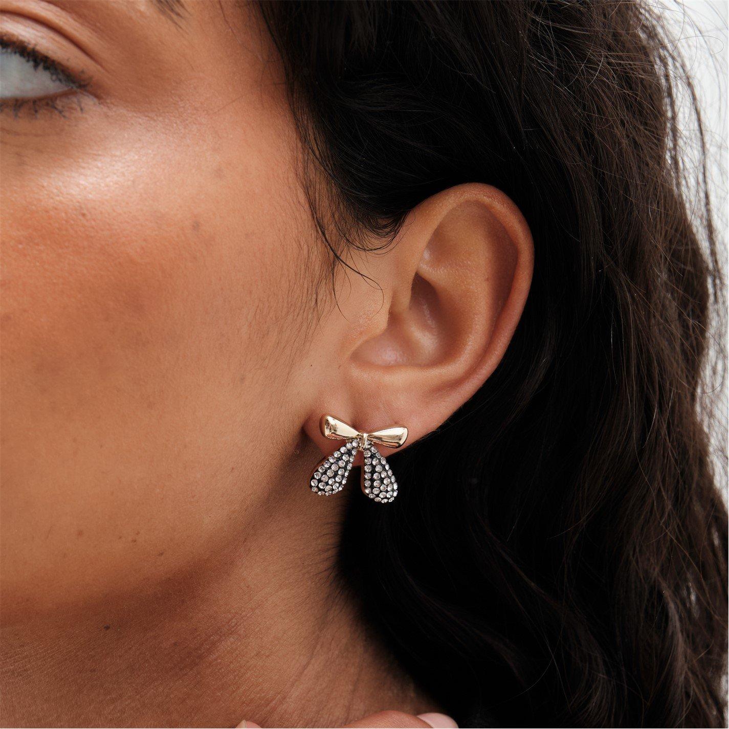 Gold - Mood - Gold Black And Crystal Mini Bow Stud Earrings - 2