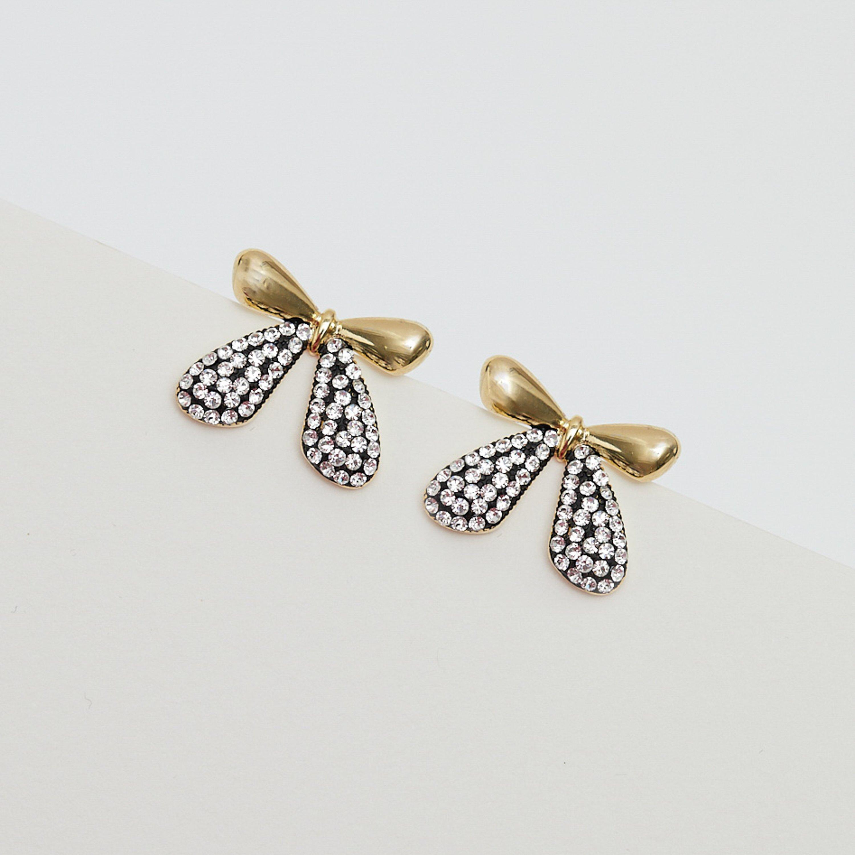 Gold - Mood - Gold Black And Crystal Mini Bow Stud Earrings - 3