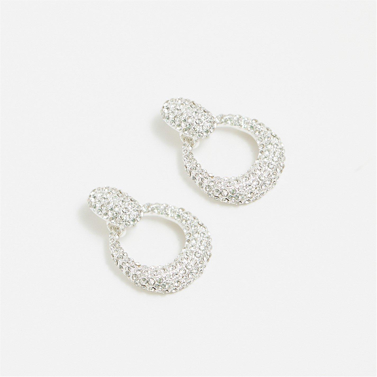 Silver - Mood - Silver Crystal Doorknocker Drop Earrings - 2