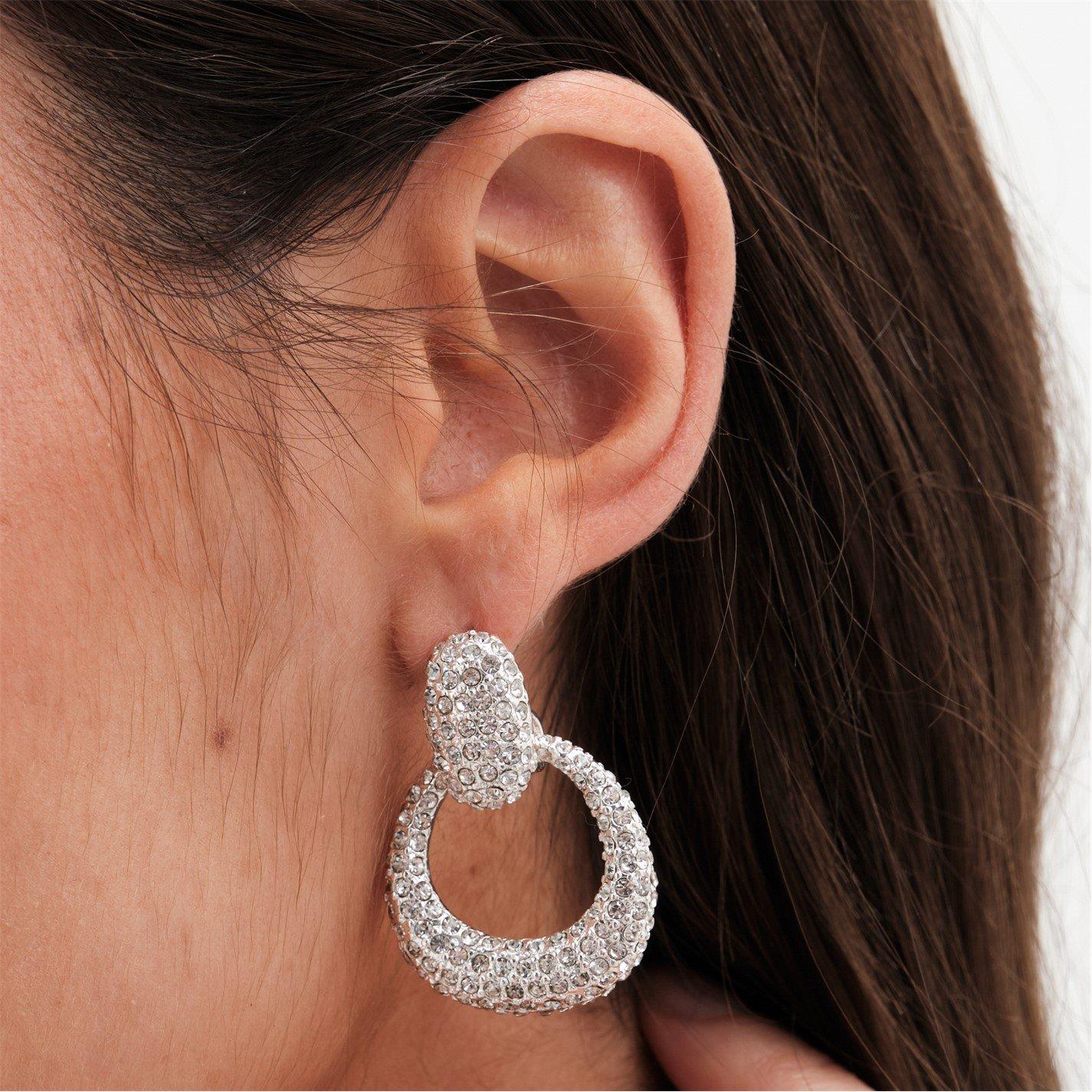 Silver - Mood - Silver Crystal Doorknocker Drop Earrings - 3