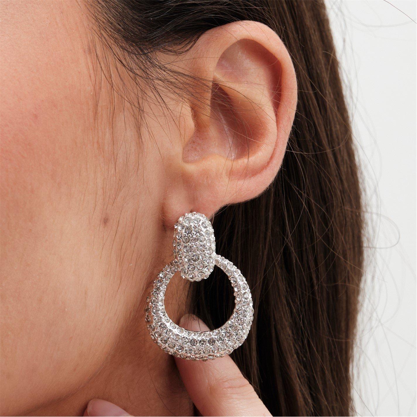 Silver - Mood - Silver Crystal Doorknocker Drop Earrings - 4