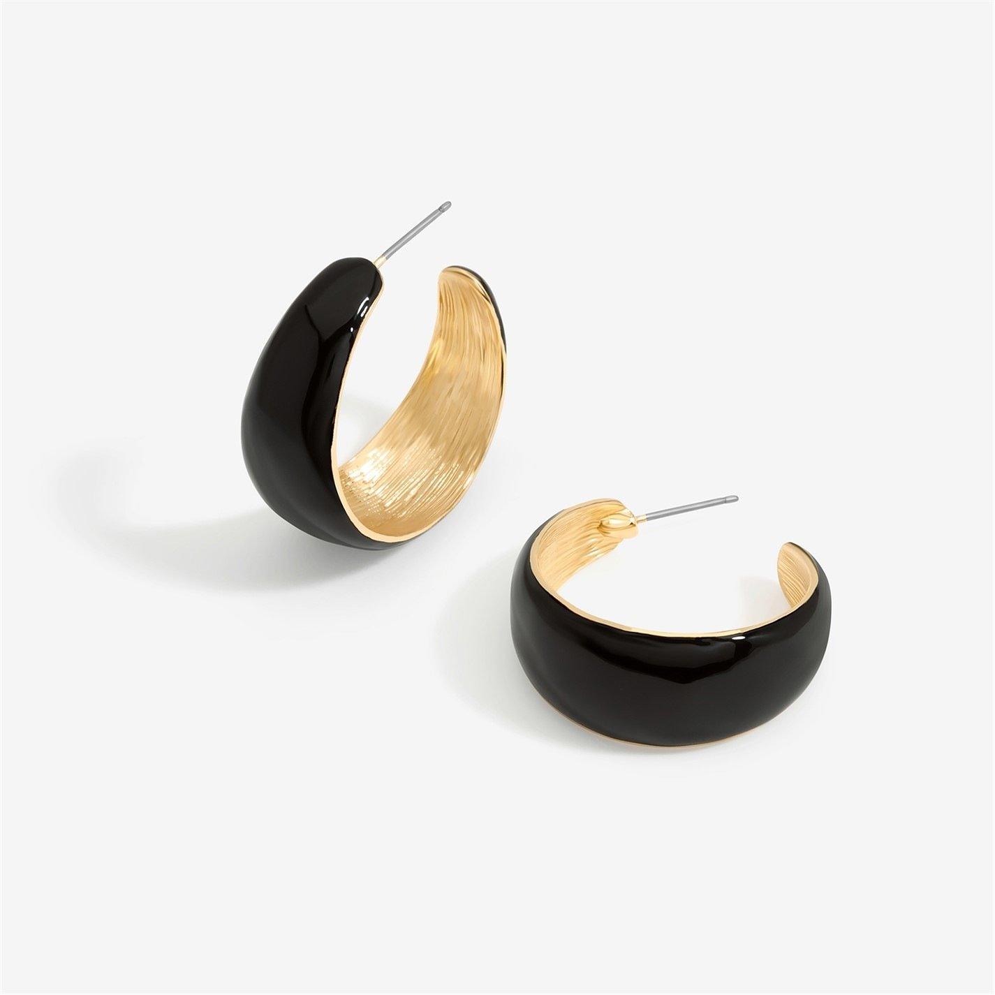 Gold - Mood - Gold Black Enamel Curved Hoop Earrings - 1