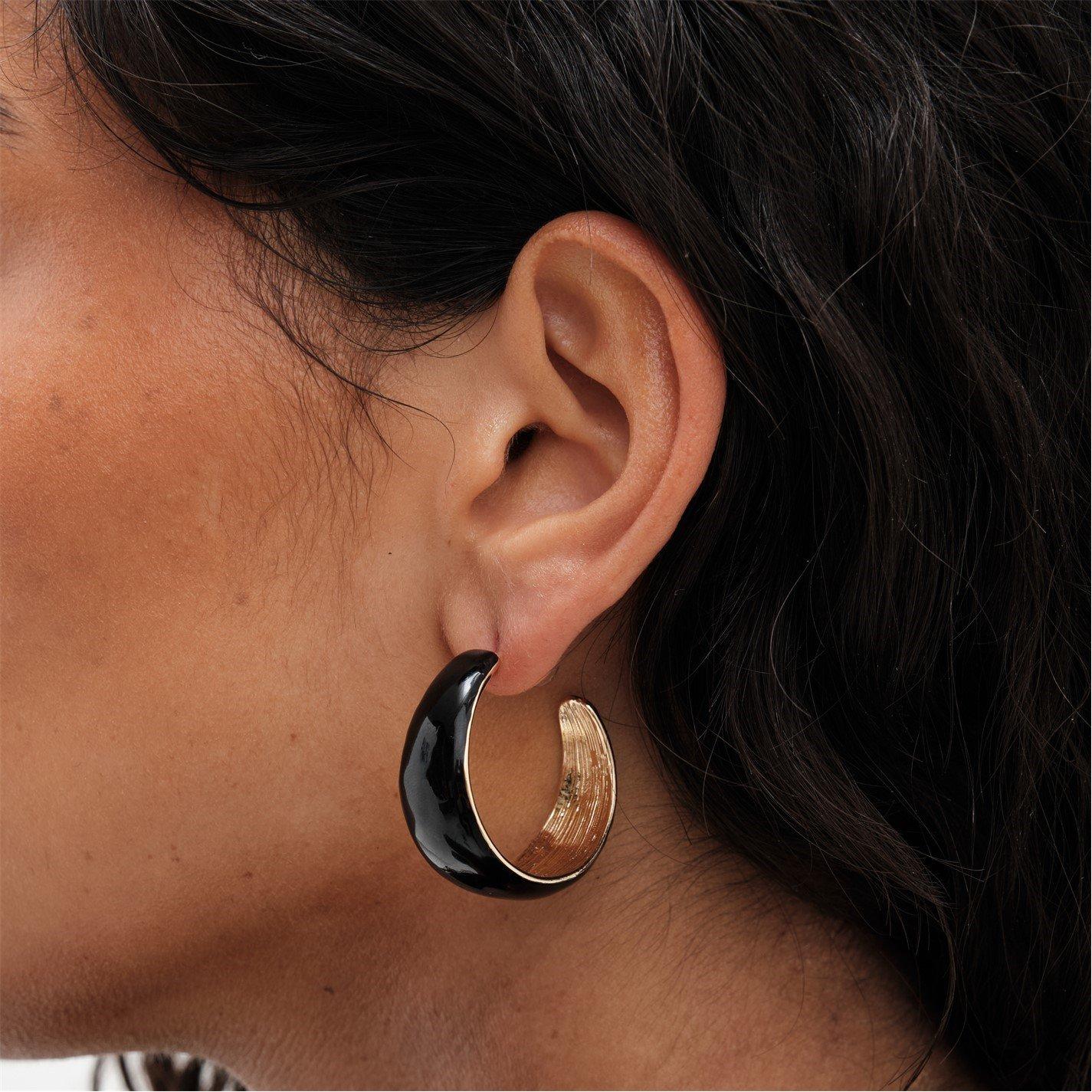 Gold - Mood - Gold Black Enamel Curved Hoop Earrings - 2