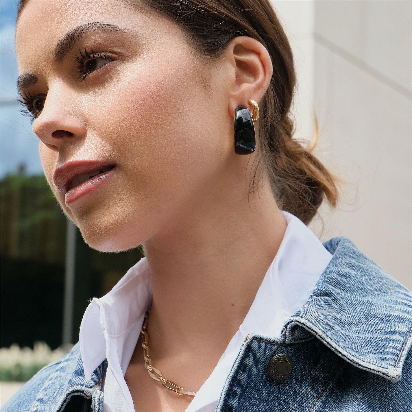 Gold - Mood - Gold Black Enamel Curved Hoop Earrings - 3