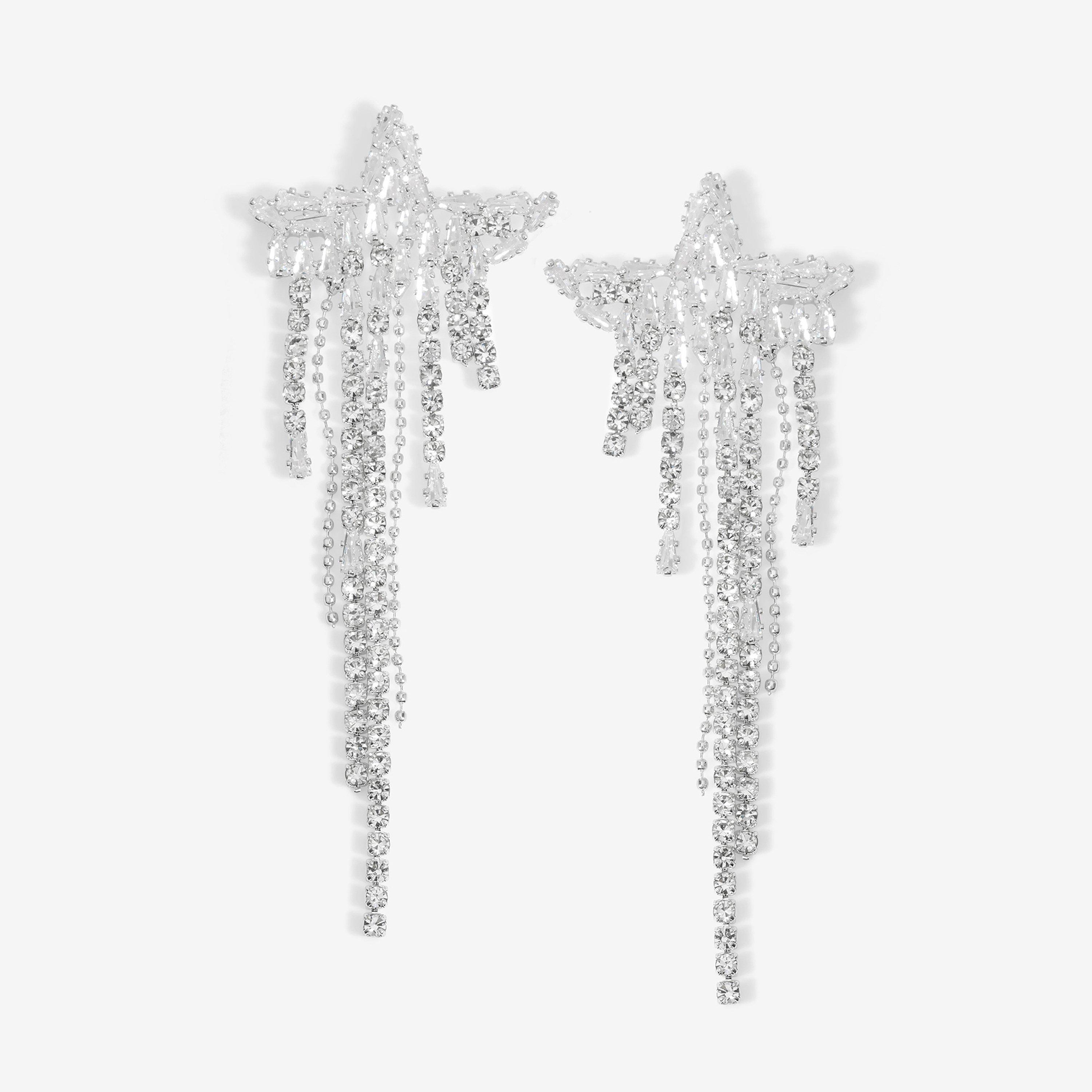 Silver - Mood - Silver Crystal Star Shower Drop Earrings - 1