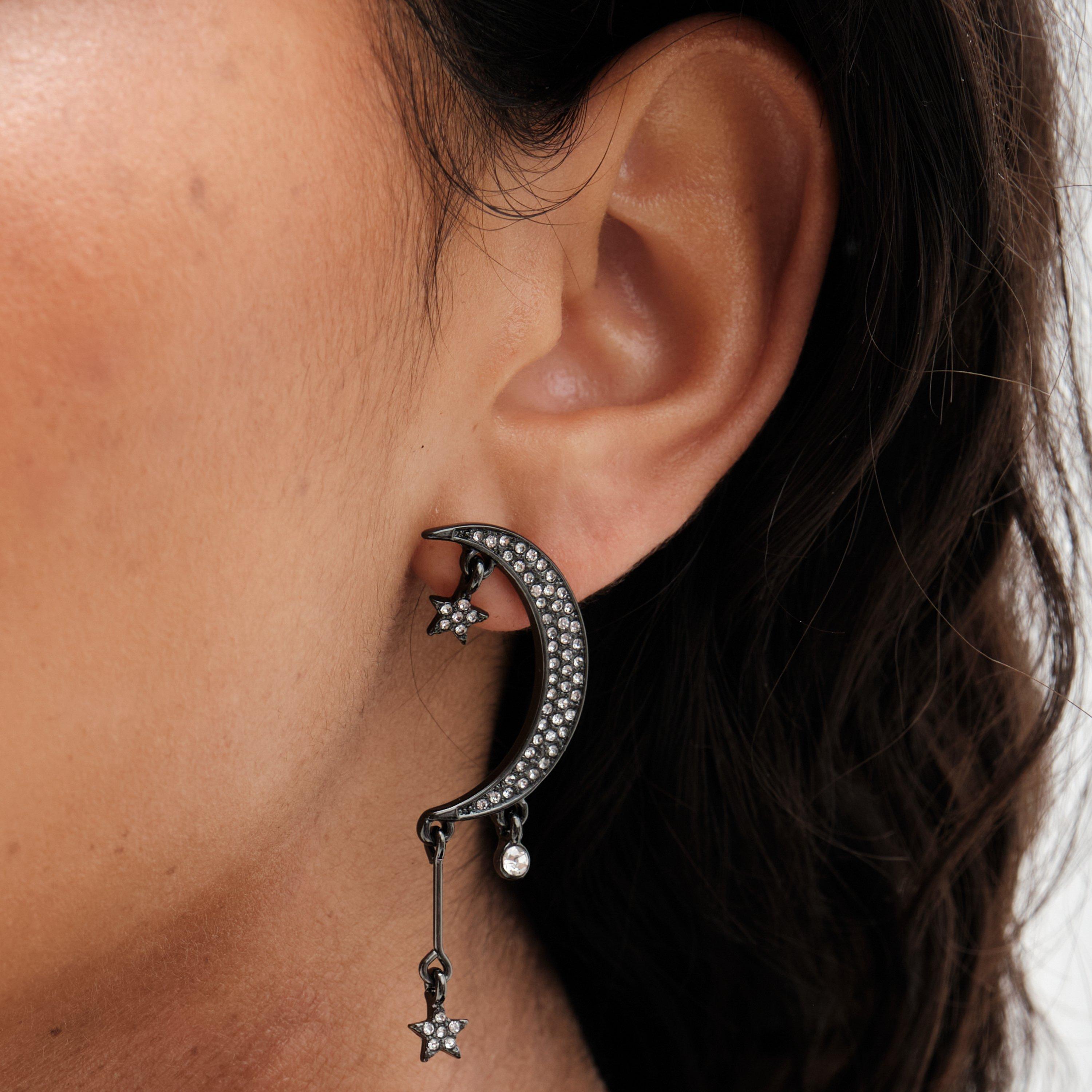 Black - Mood - Star and Moon Drop Earrings - 2