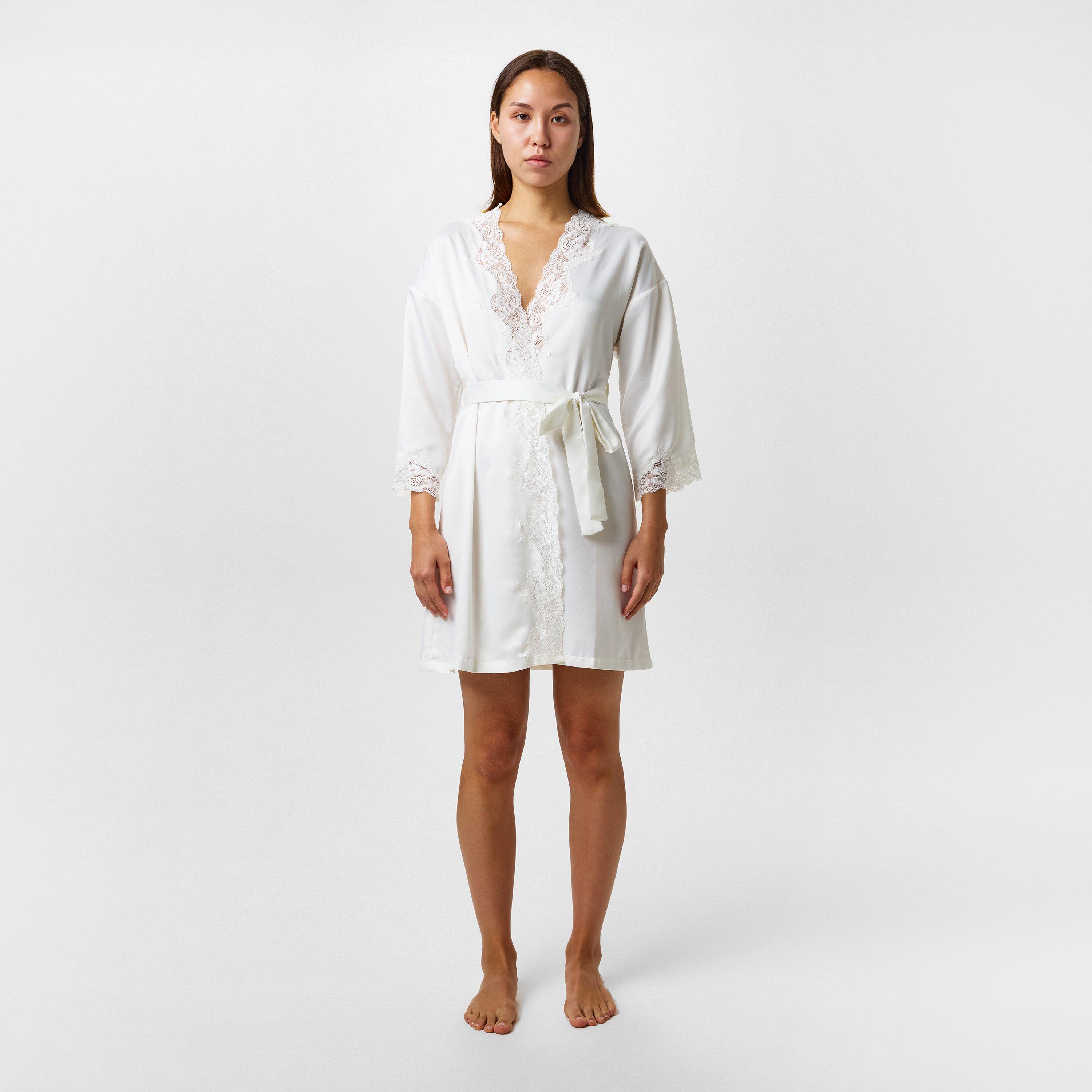 Ivory - Lauren by Ralph Lauren - Women's Lace-Trimmed Satin Dressing Gown - 6