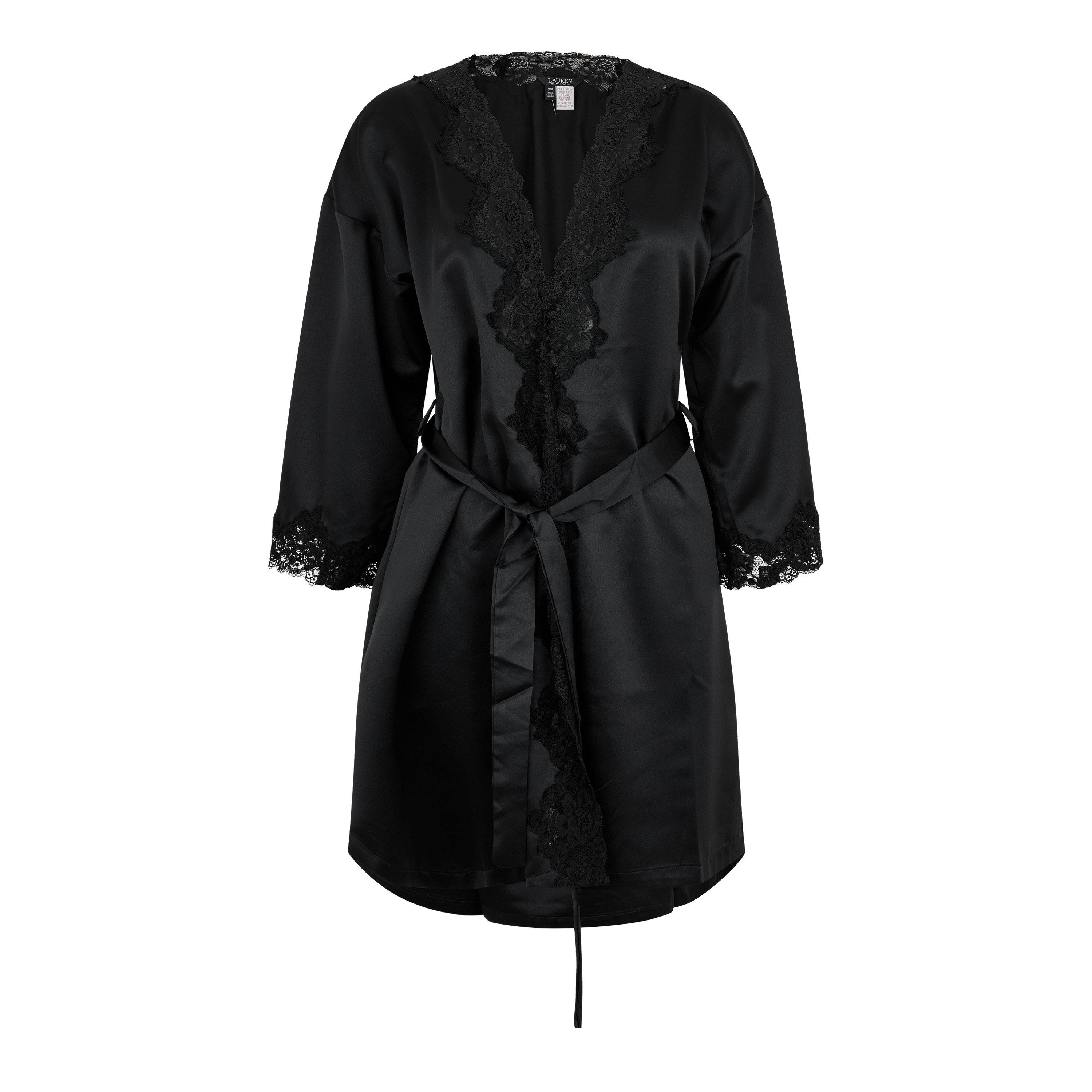 Lauren By Ralph Lauren  Lace-Trimmed Satin Dressing Gown - Black - 8 (XS)