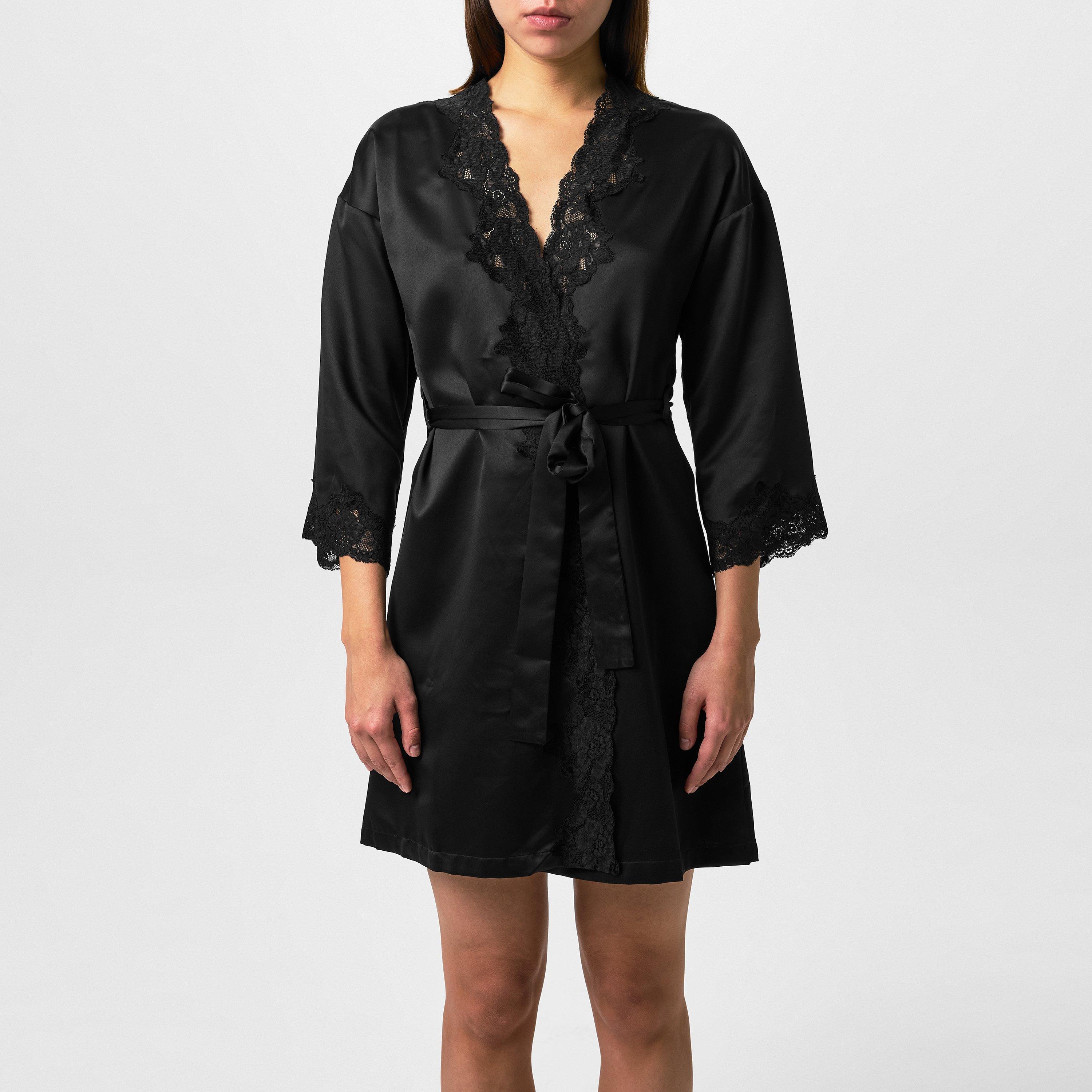 Black - Lauren by Ralph Lauren - Women's Lace-Trimmed Satin Dressing Gown - 3