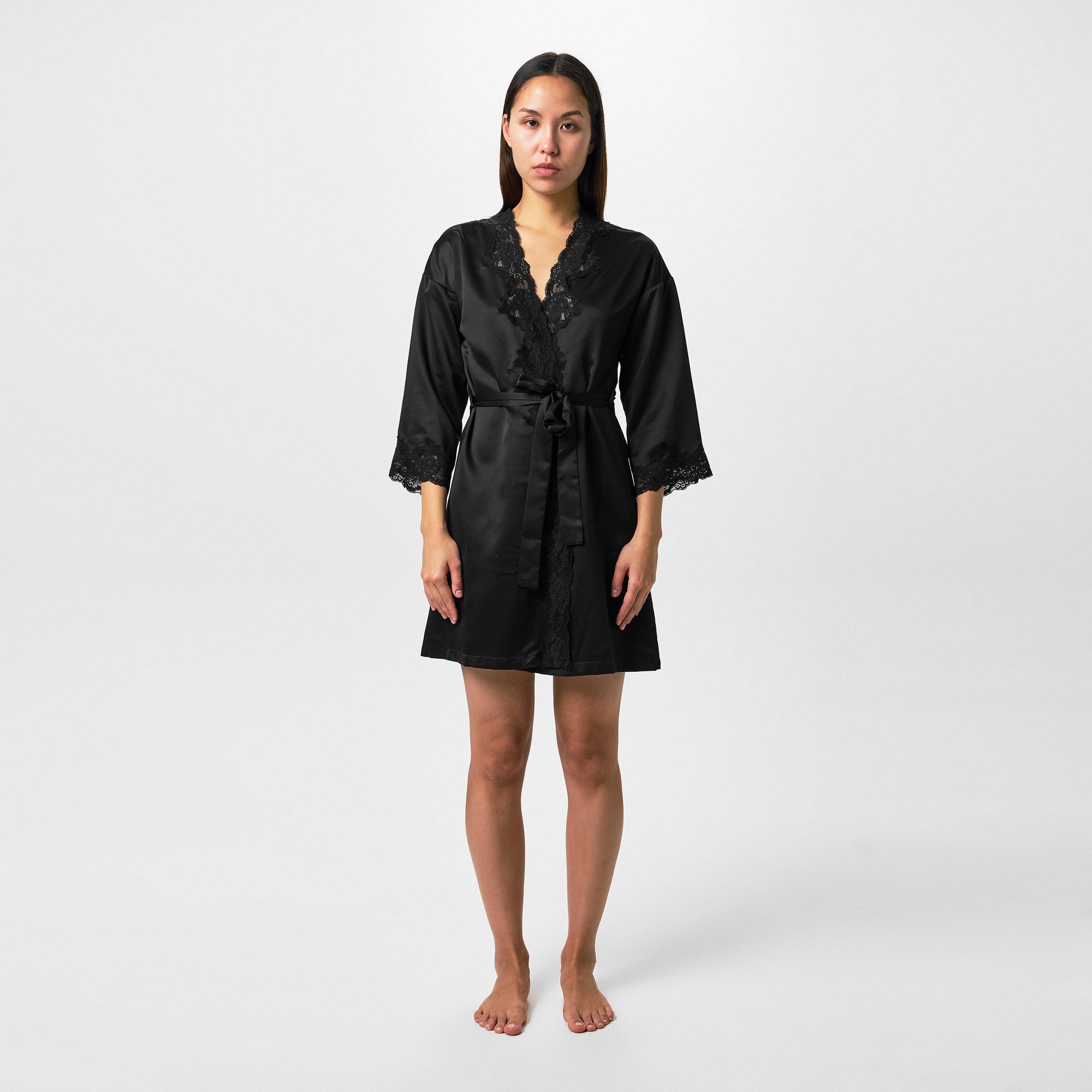 Black - Lauren by Ralph Lauren - Women's Lace-Trimmed Satin Dressing Gown - 6