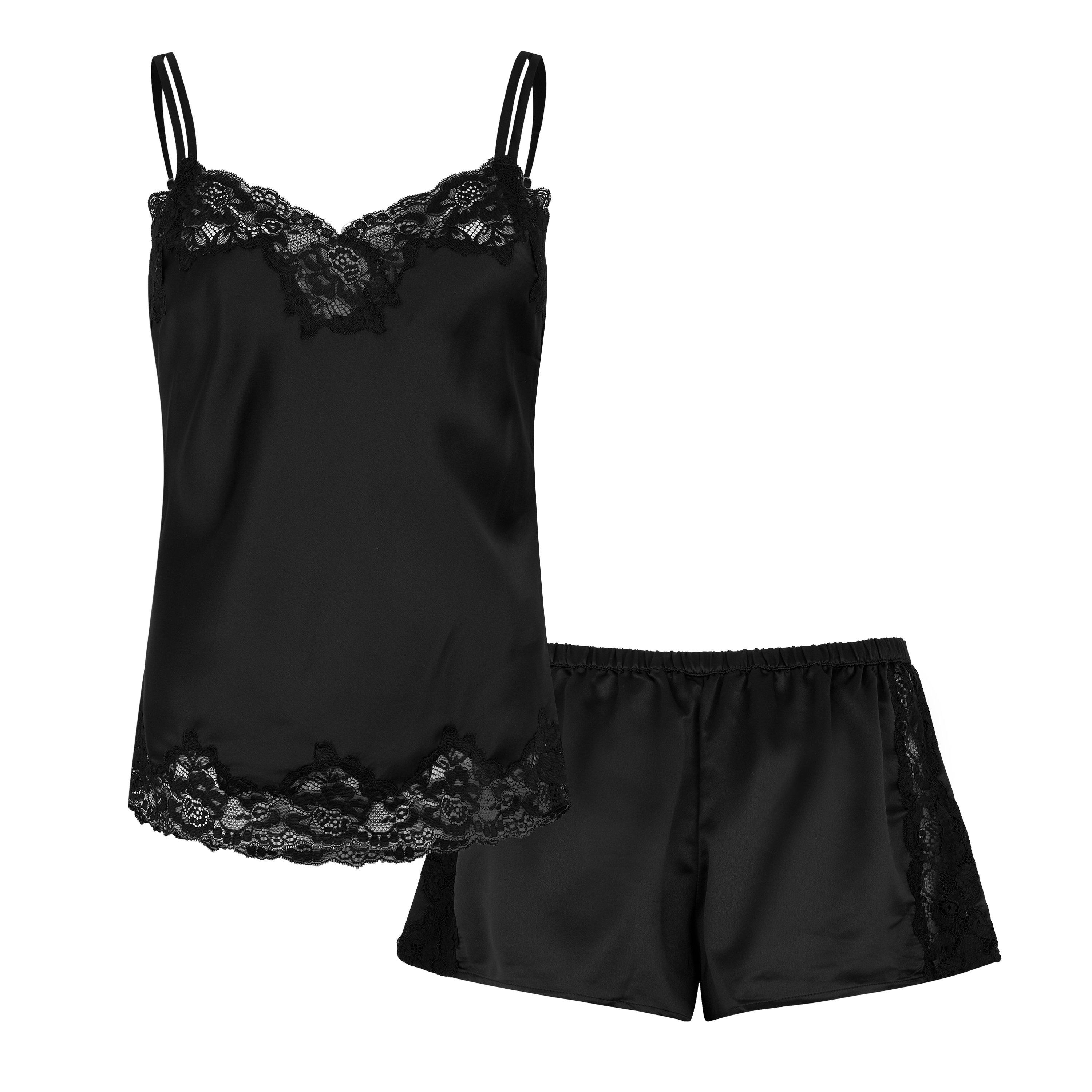 Lauren By Ralph Lauren Women's Satin Lace-Trim Pyjama Set - Black - 8 (XS)