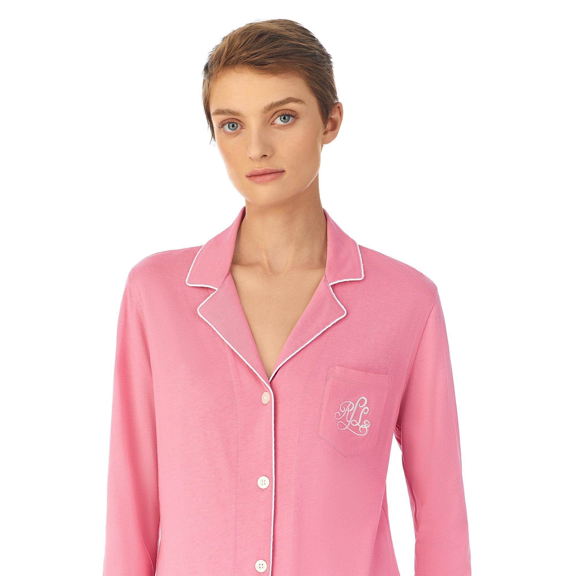 Pink - Lauren by Ralph Lauren - Womens Classic Notched Collar Cotton Long Sleeve Pyjama Set - 3