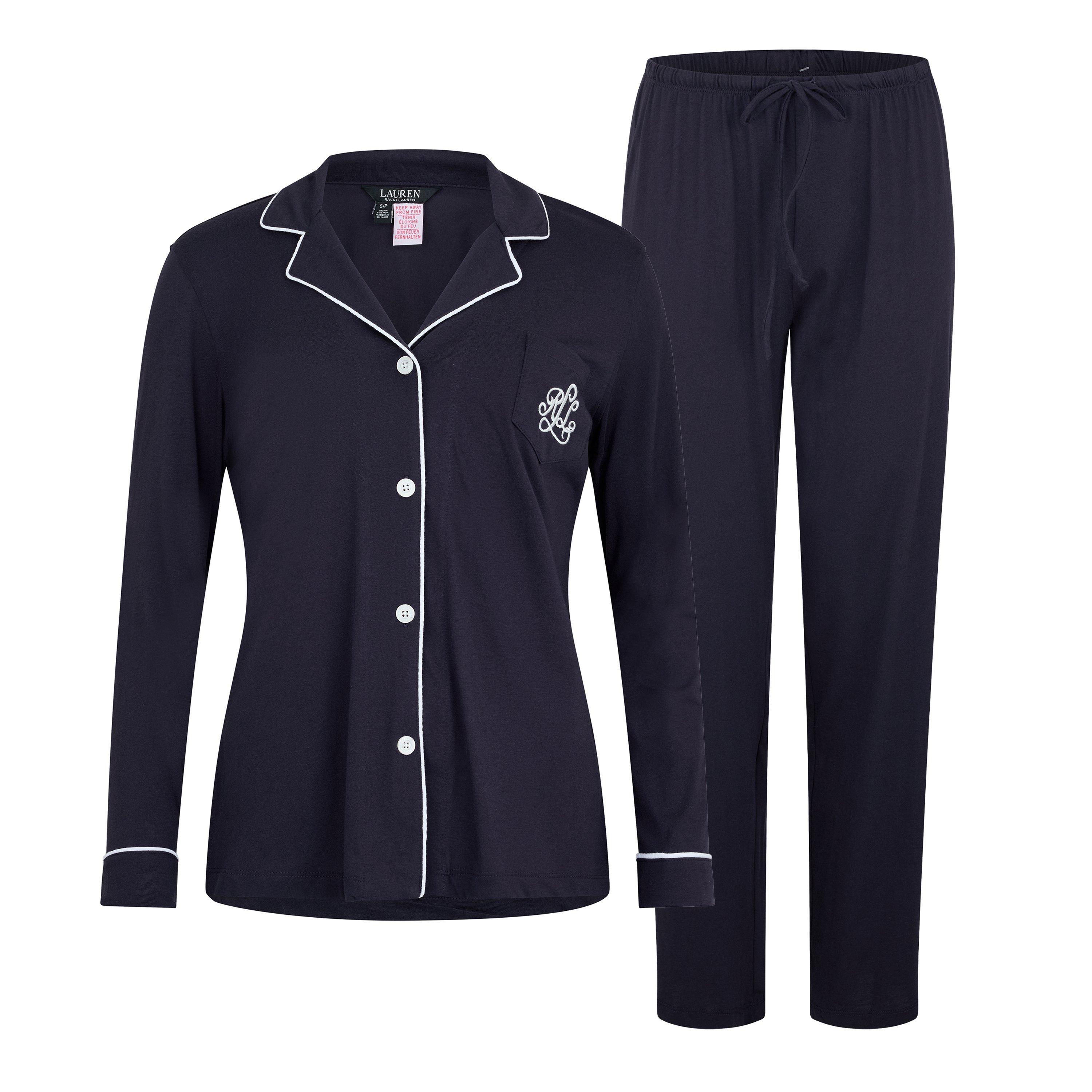 Navy 410 - Lauren by Ralph Lauren - Womens Classic Notched Collar Cotton Long Sleeve Pyjama Set - 1