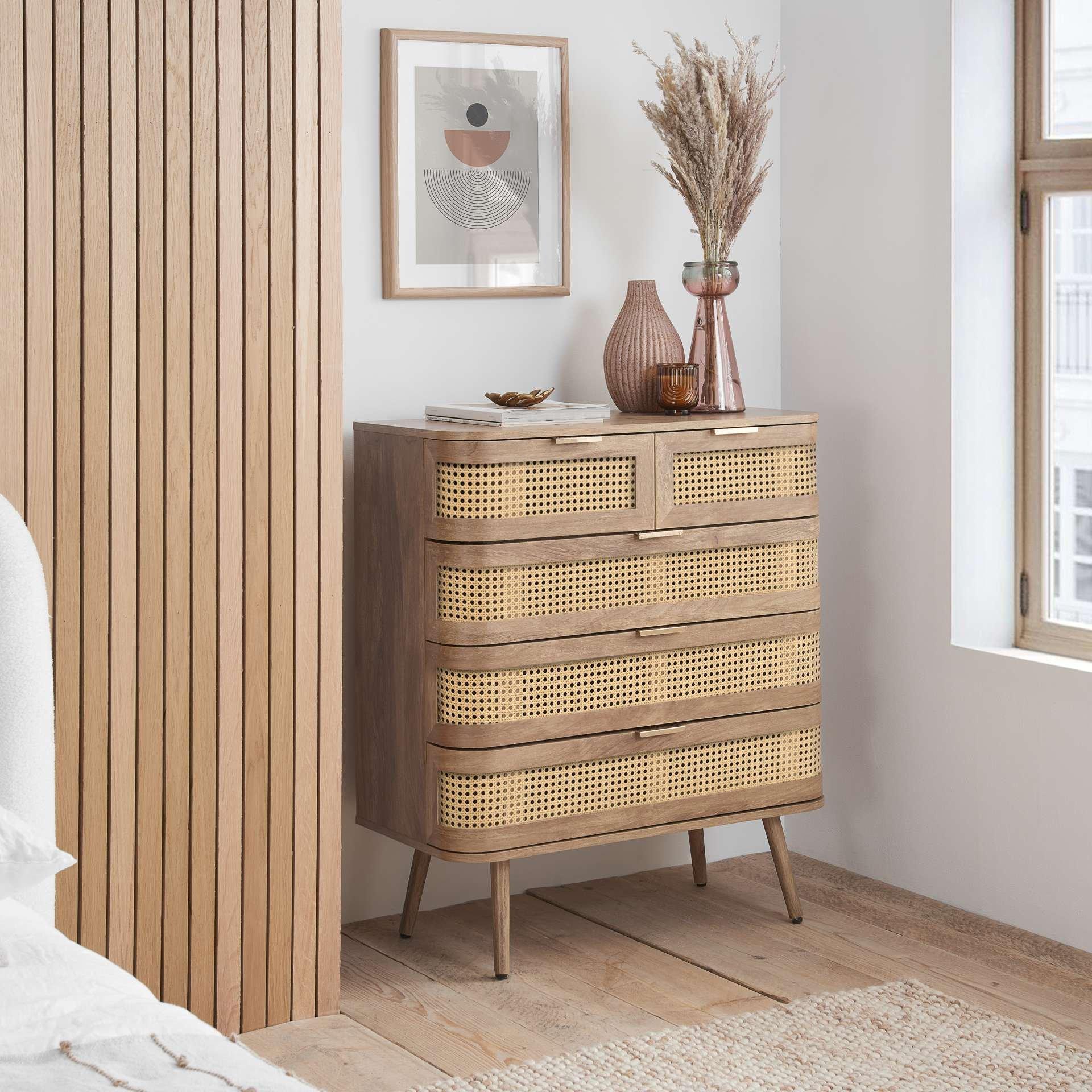 Birlea Rattan Chest of 5 Drawers Sark Brown Oak Mid Century Modern in Beige - Image 3