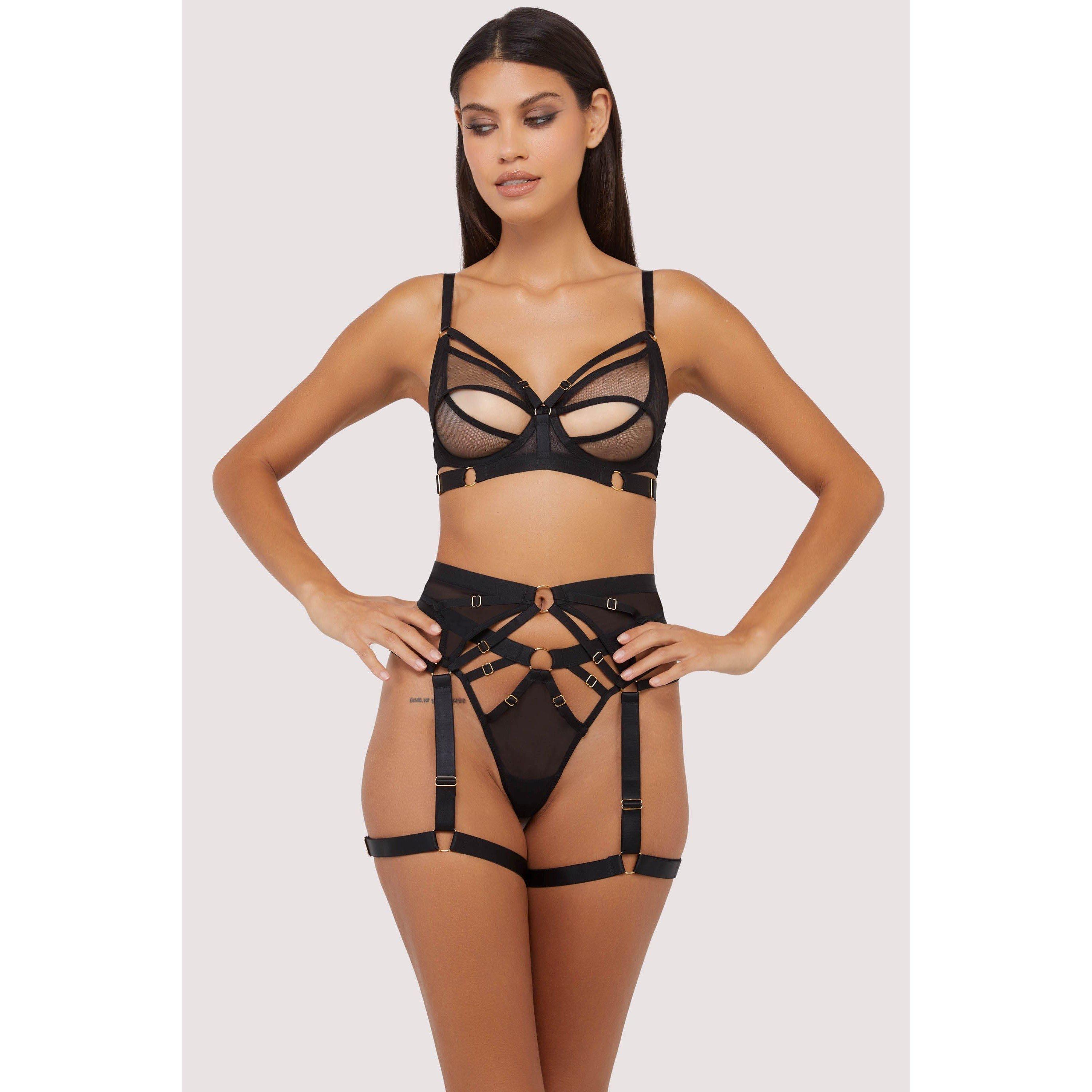 Black - Wolf and Whistle - Alexa Black Mesh Overlay Thick Strap Suspender - 4