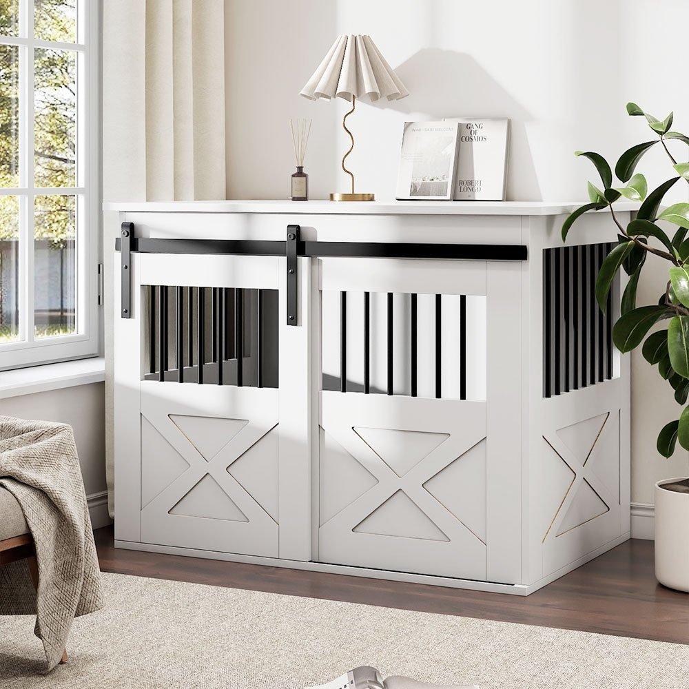 White - KIDKID PET - Wooden Dog Crate with Lockable Barn Door - 1