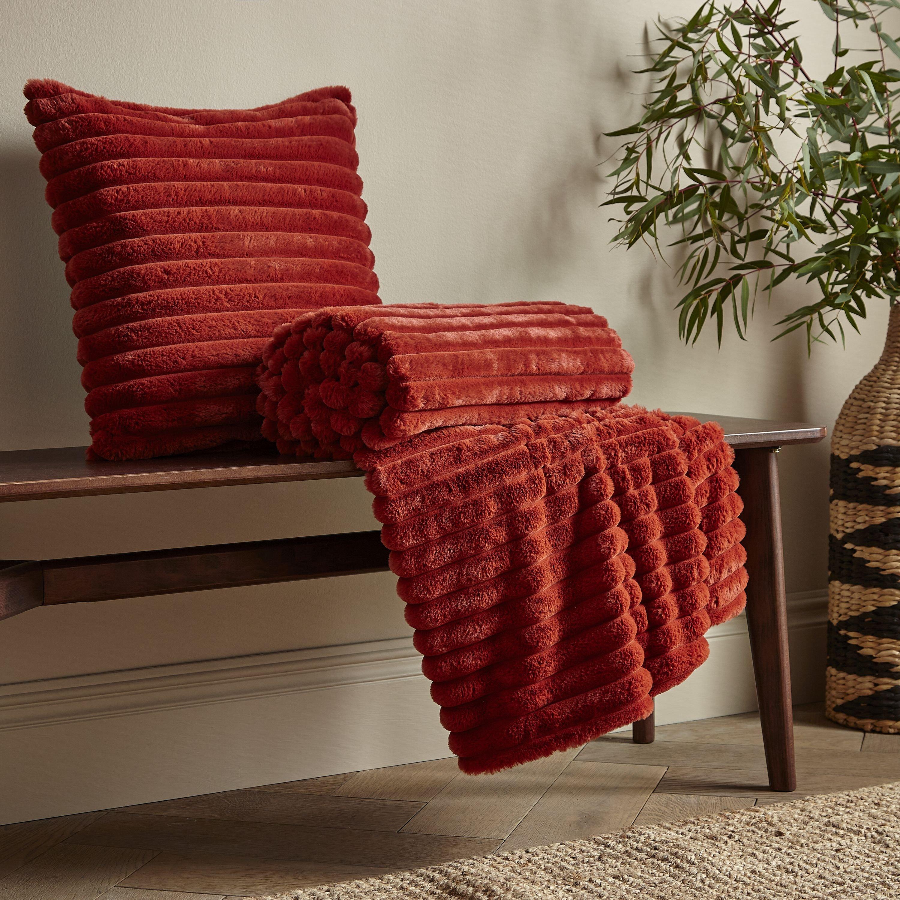 Burnt Orange - Catherine Lansfield - Cosy Ribbed Faux Fur Soft Blanket Throw - 3
