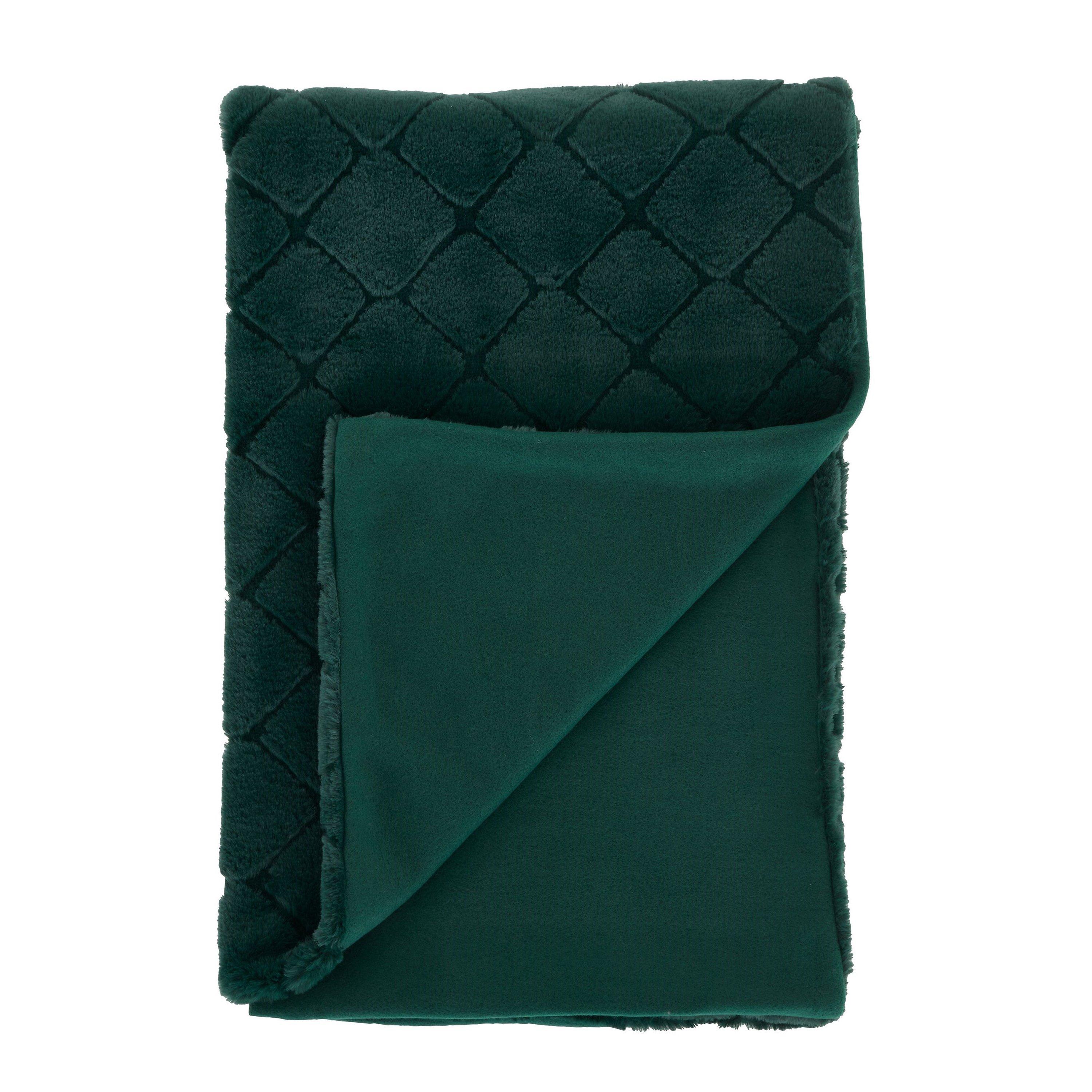 Bottle Green - Catherine Lansfield - Cosy Diamond Faux Fur Soft Blanket Throw - 4