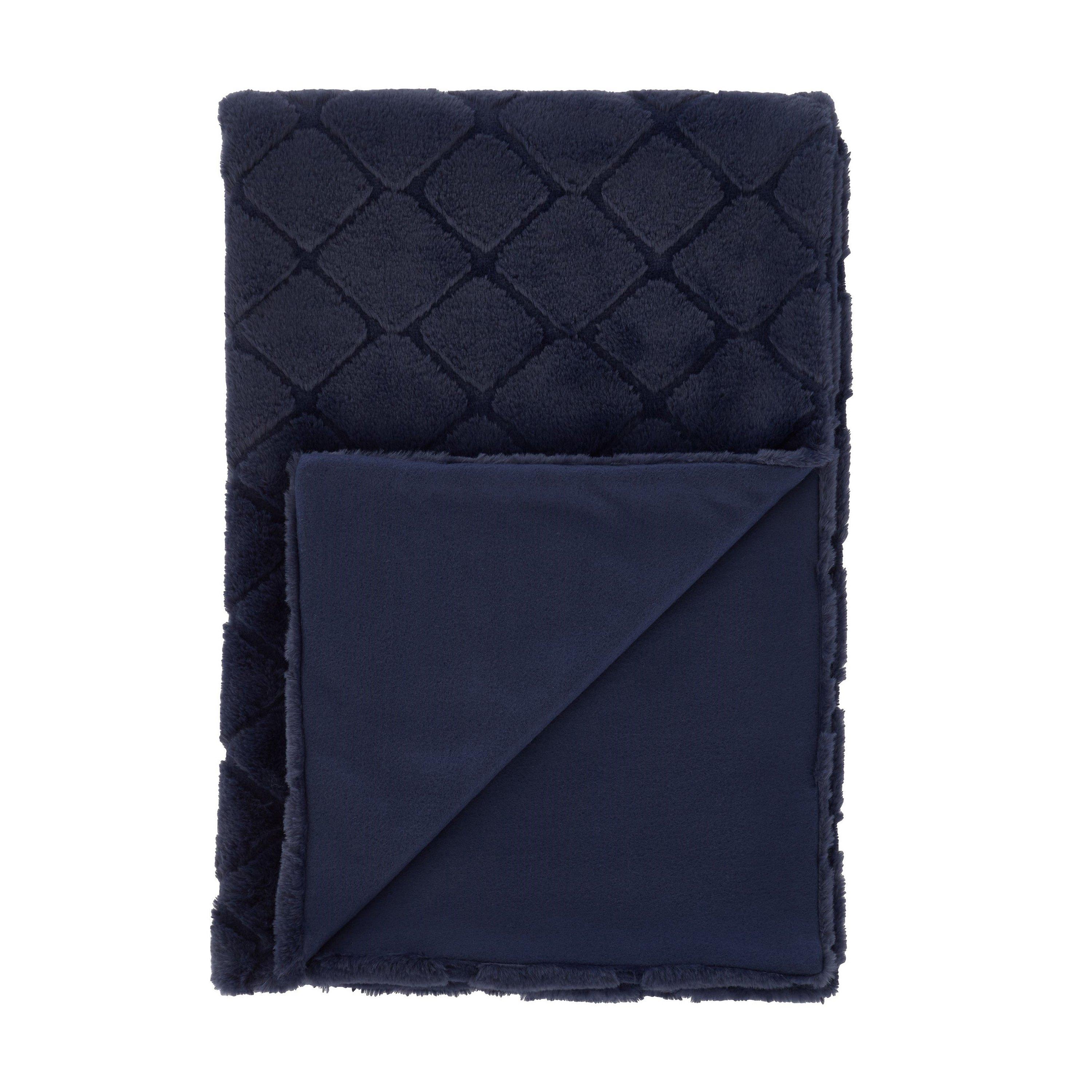 Navy Blue - Catherine Lansfield - Cosy Diamond Faux Fur Soft Blanket Throw - 4