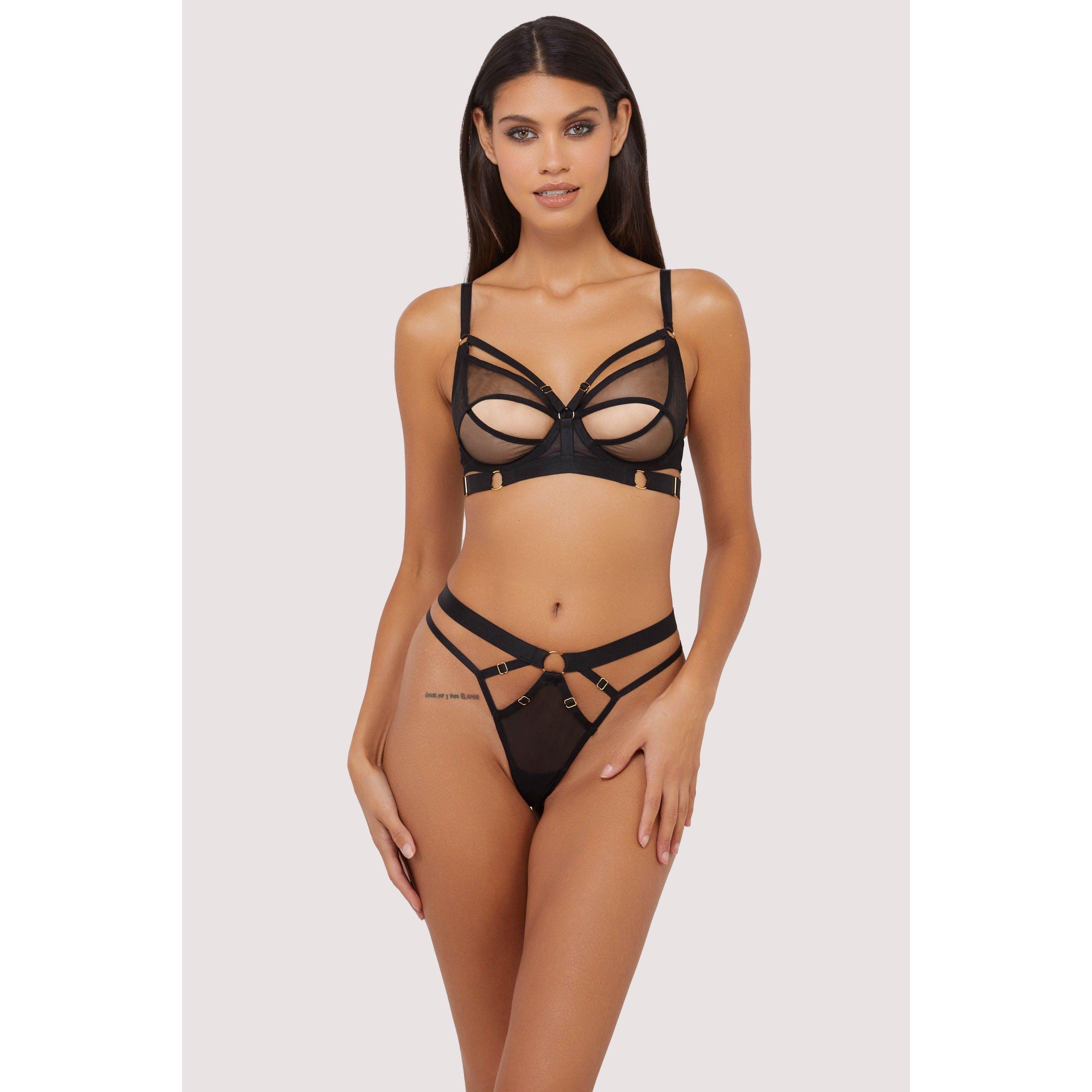 Black - Wolf and Whistle - Alexa Black Mesh Overlay Thick Strap Thong - 4