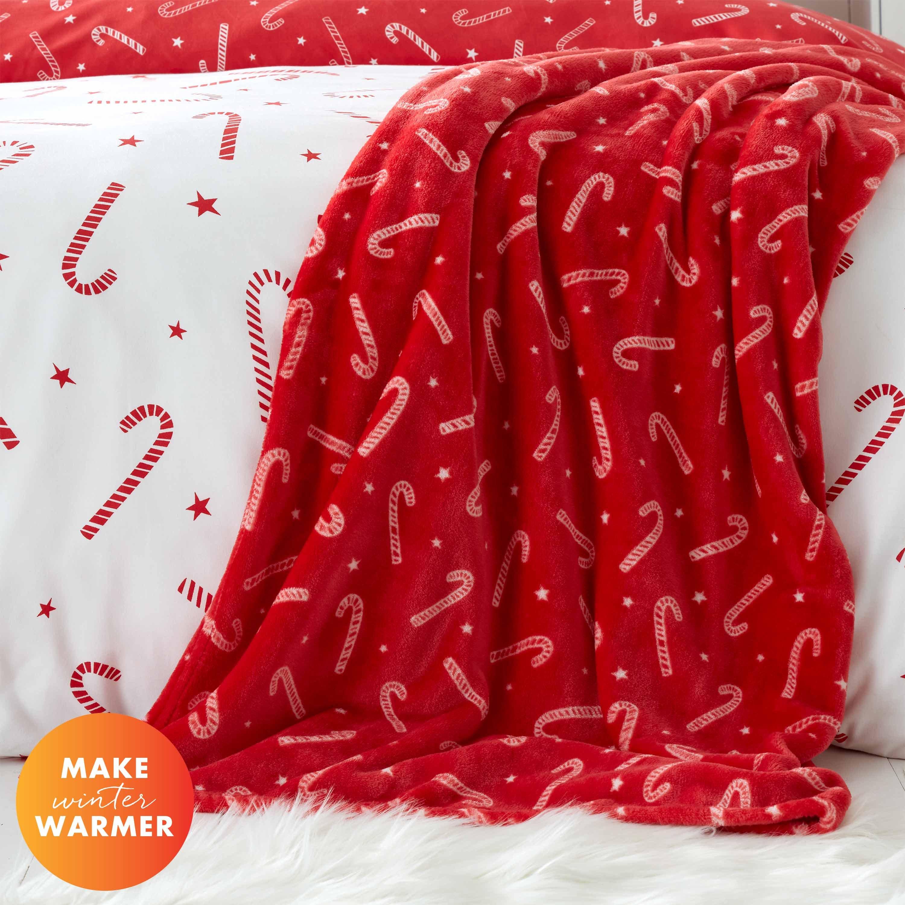 Red - Catherine Lansfield - Christmas Cane Cosy Fleece Blanket Throw - 1