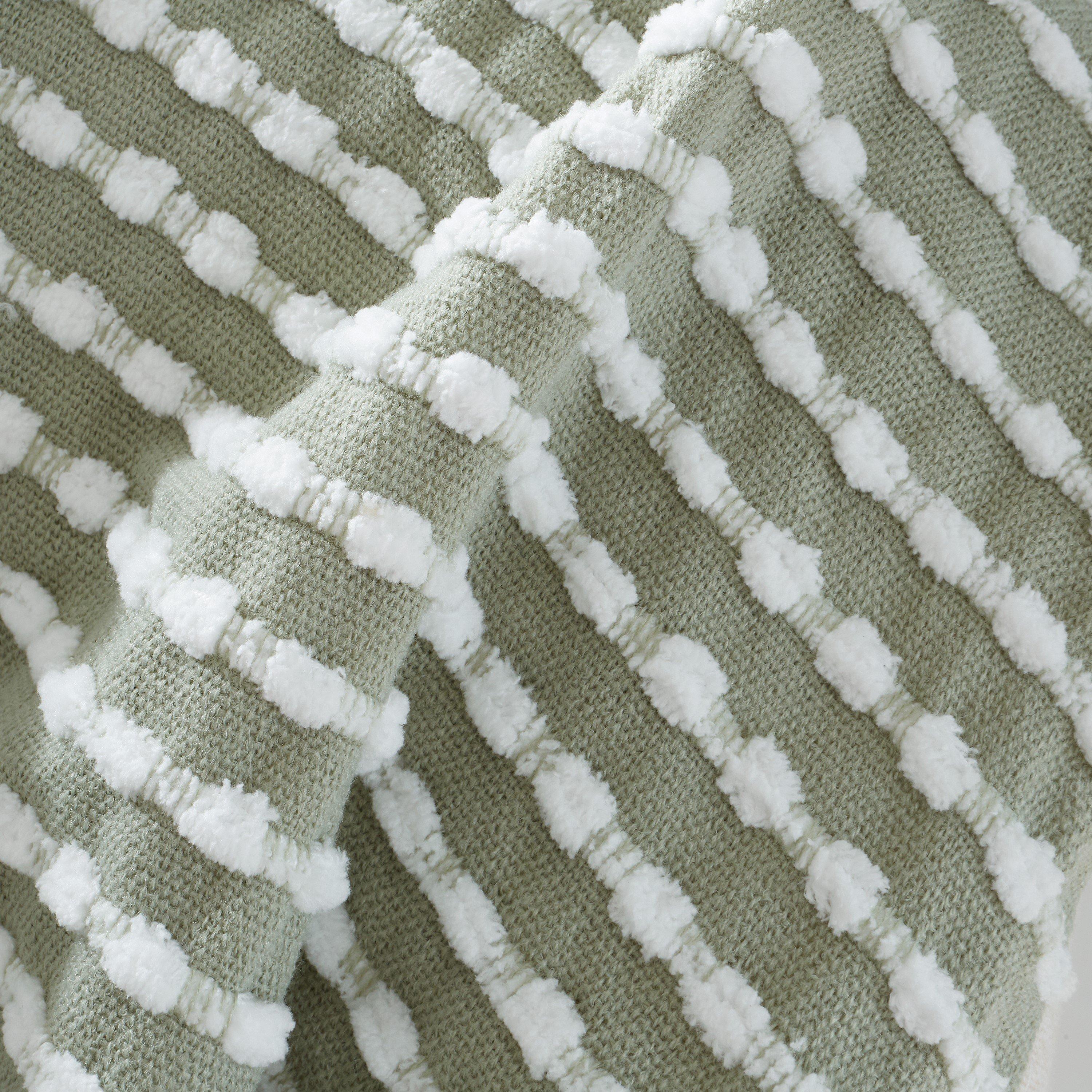 Sage Green - Catherine Lansfield - Stab Stitch Tasselled 125x150cm Sofa Throw - 2