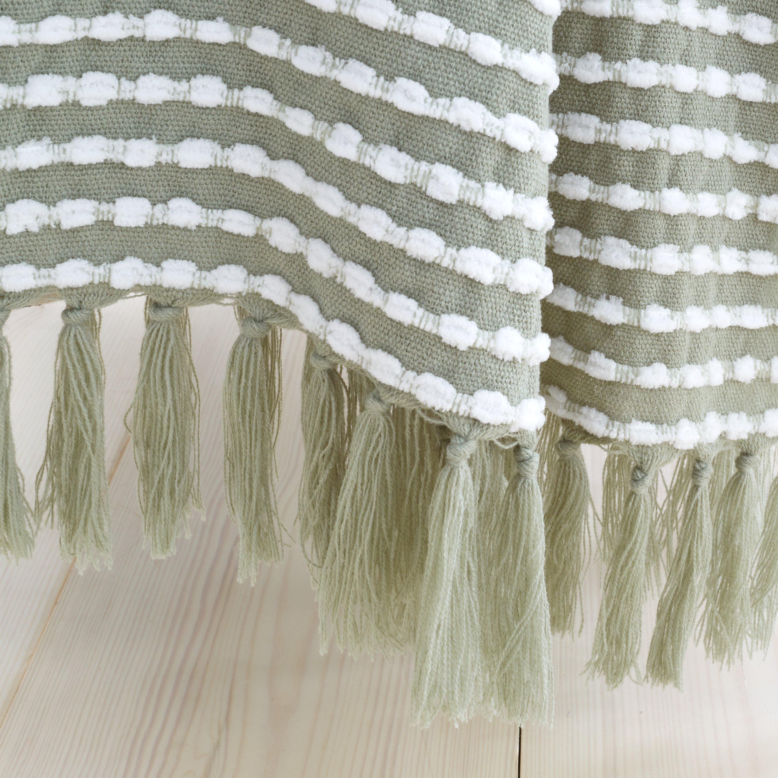 Sage Green - Catherine Lansfield - Stab Stitch Tasselled 125x150cm Sofa Throw - 3