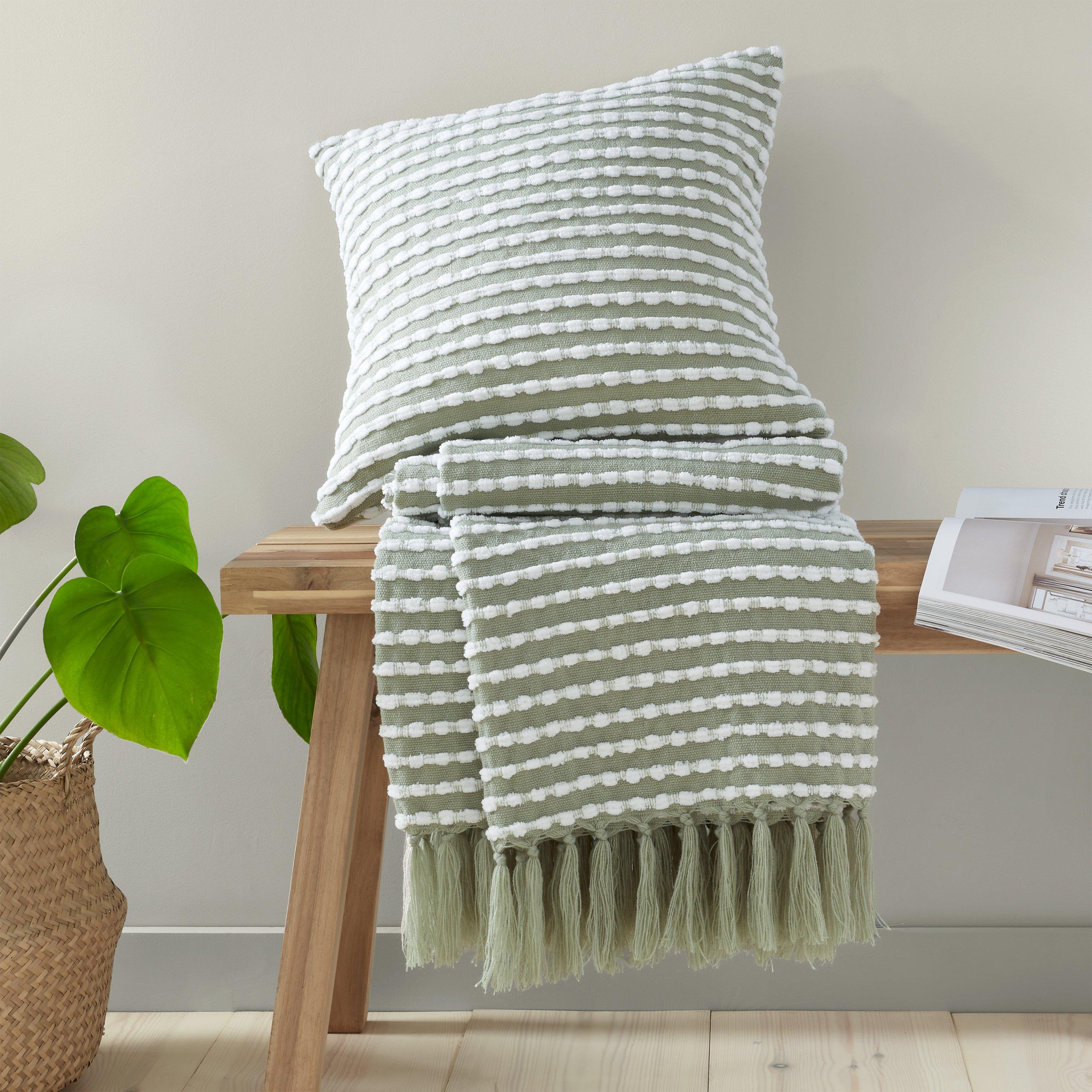 Sage Green - Catherine Lansfield - Stab Stitch Tasselled 125x150cm Sofa Throw - 4
