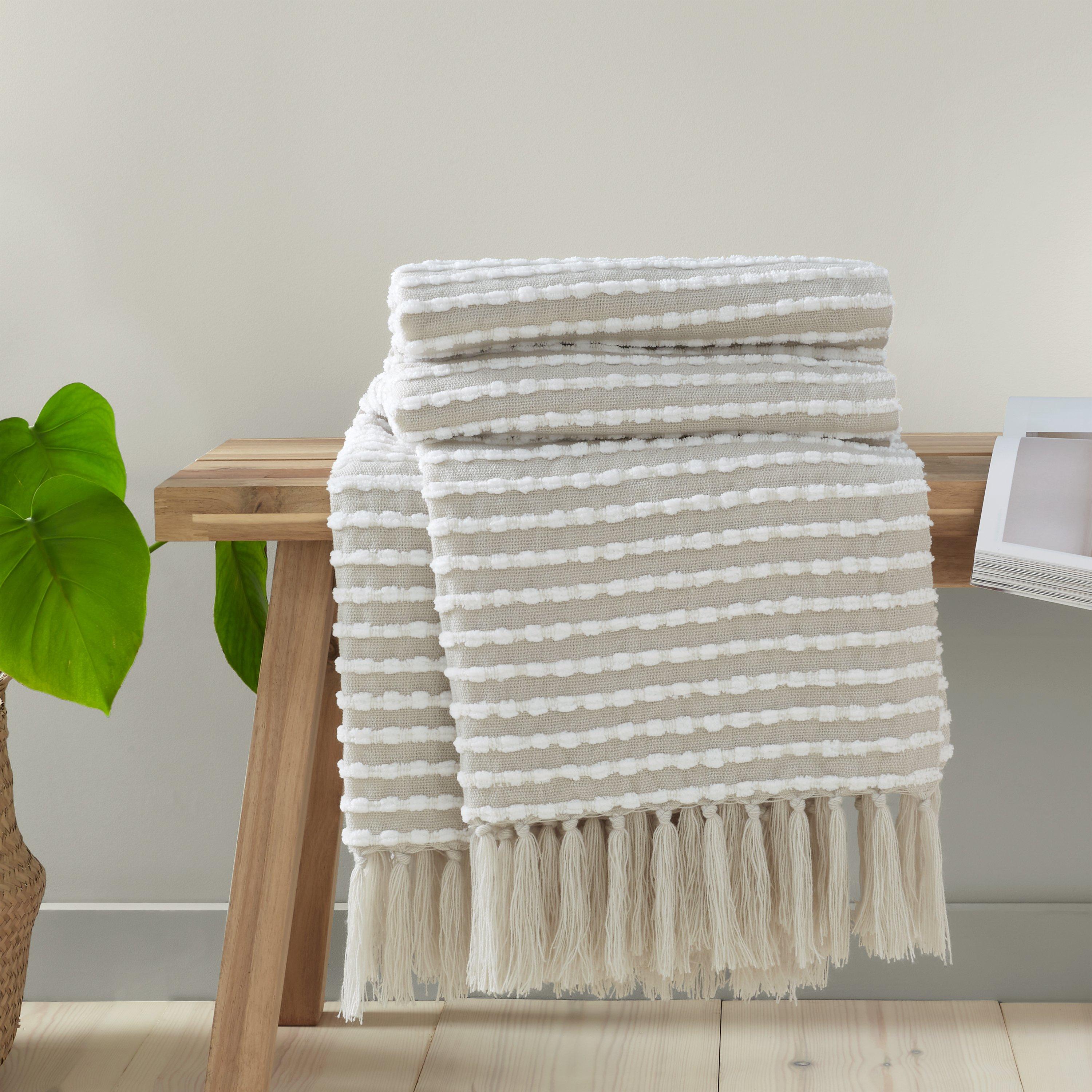 Catherine Lansfield  Stab Stitch Tasselled 125X150cm Sofa Throw - Natural