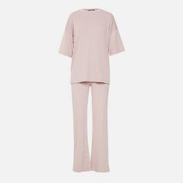 Missguided Rib T Shirt and Wide Leg Trousers Co Ord Set