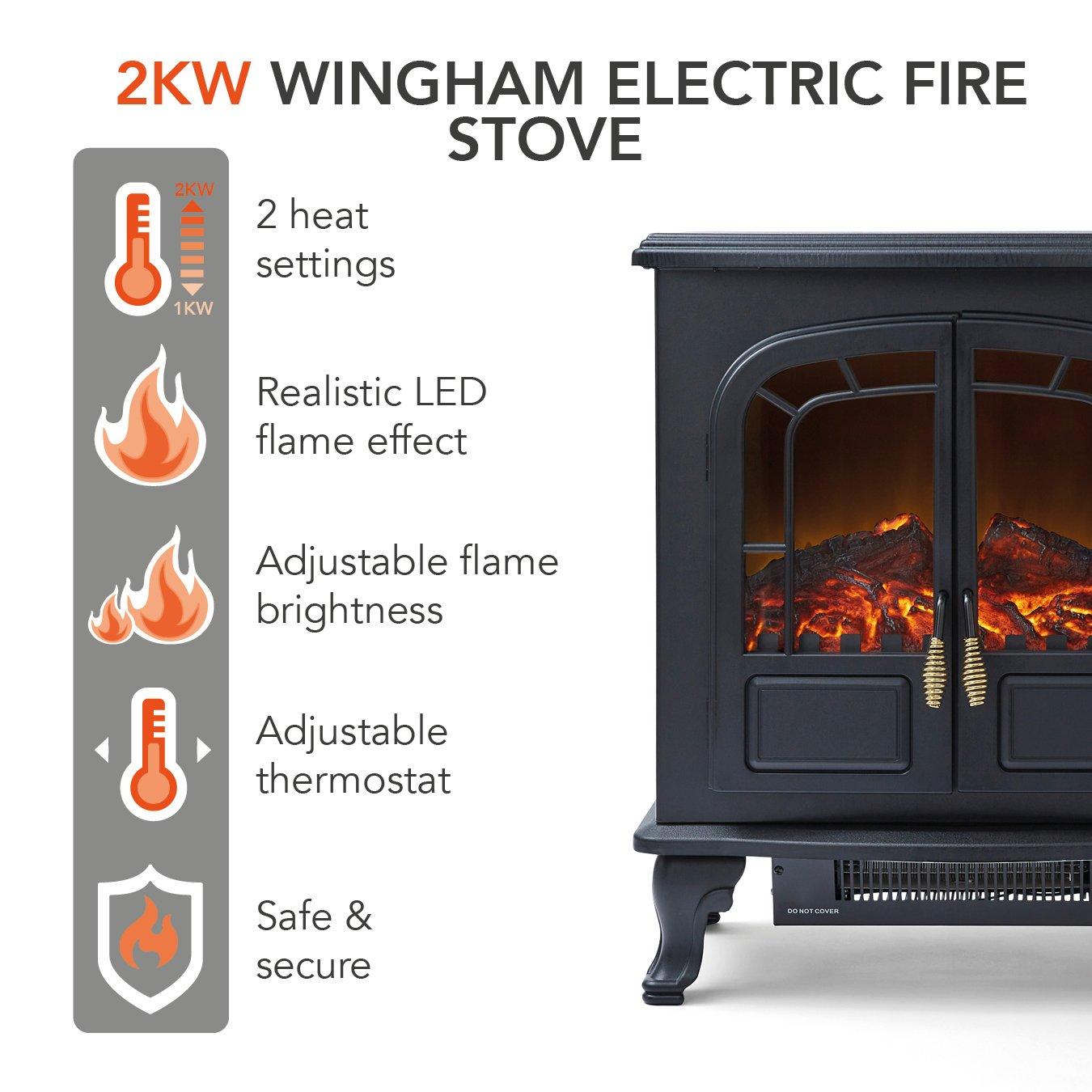 Black - Warmlite - 2KW Wingham Electric Double Door Fire Stove Black - 2