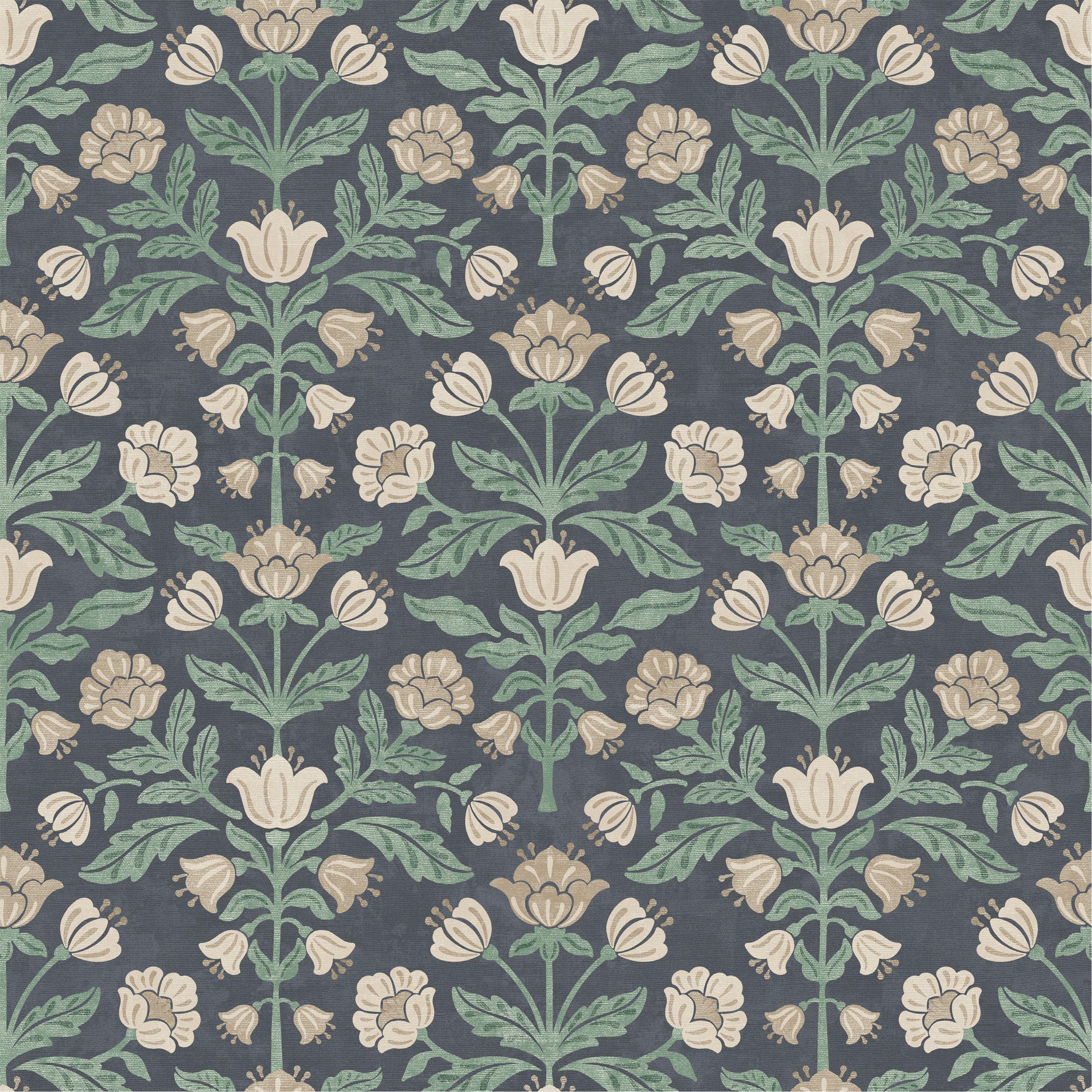 Navy - Arthouse - Modern Floral Damask Navy Wallpaper - 1