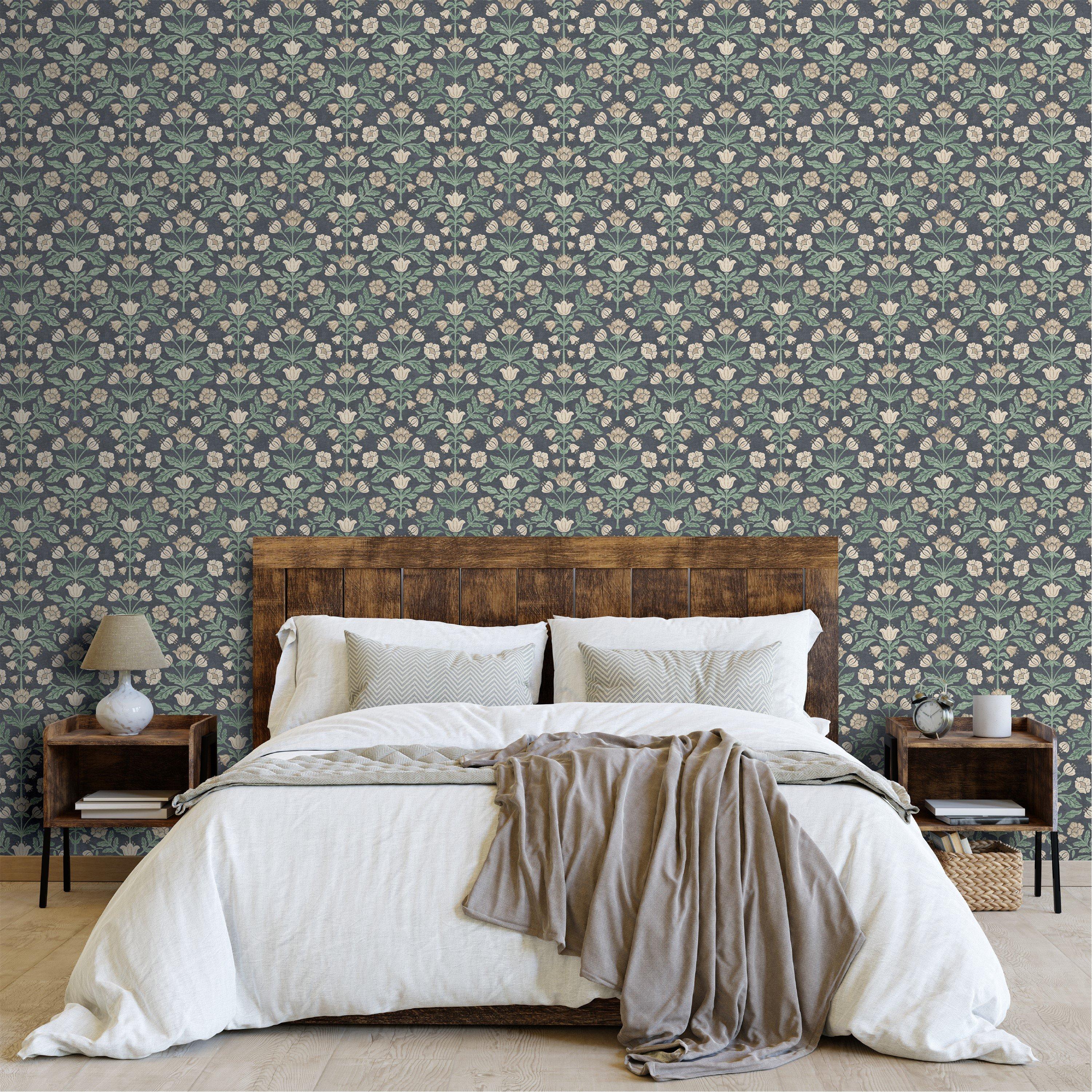 Navy - Arthouse - Modern Floral Damask Navy Wallpaper - 3