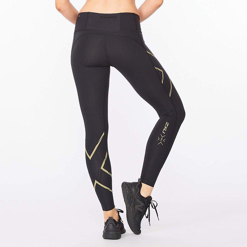 Black/Gold - 2XU - Light Speed Compression Mid Rise Womens Base Layer Tights - 2
