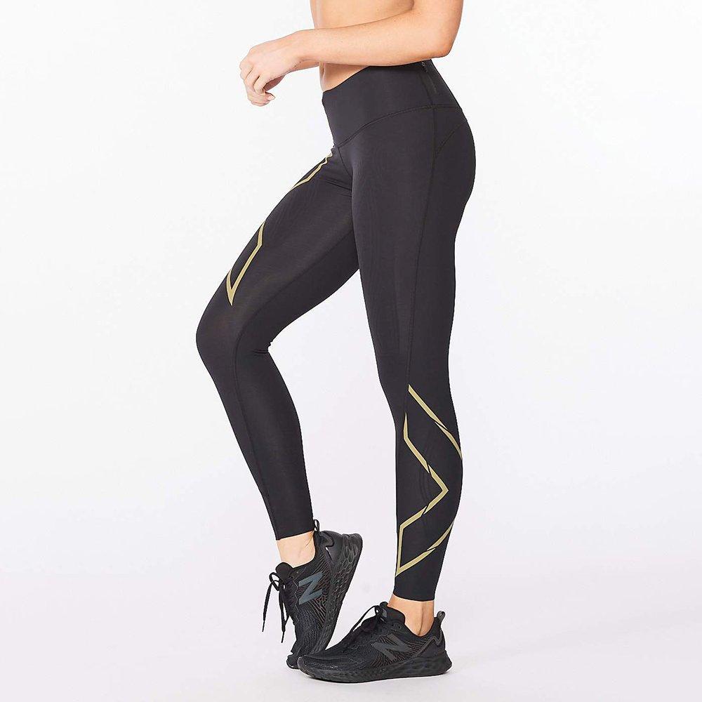 Black/Gold - 2XU - Light Speed Compression Mid Rise Womens Base Layer Tights - 4