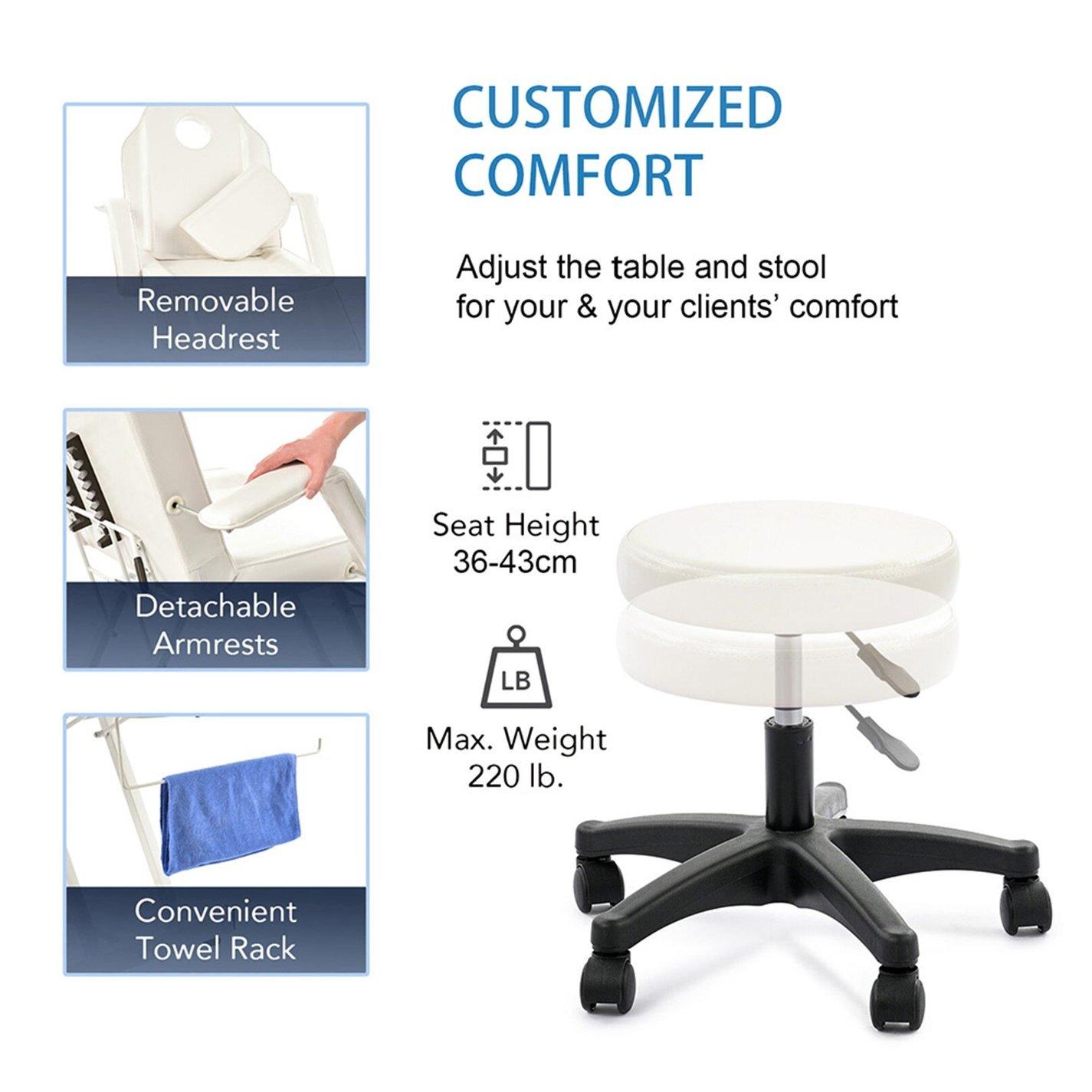 White - SHEONLY - Adjustable Massage Table with Recliner & Stool - 8