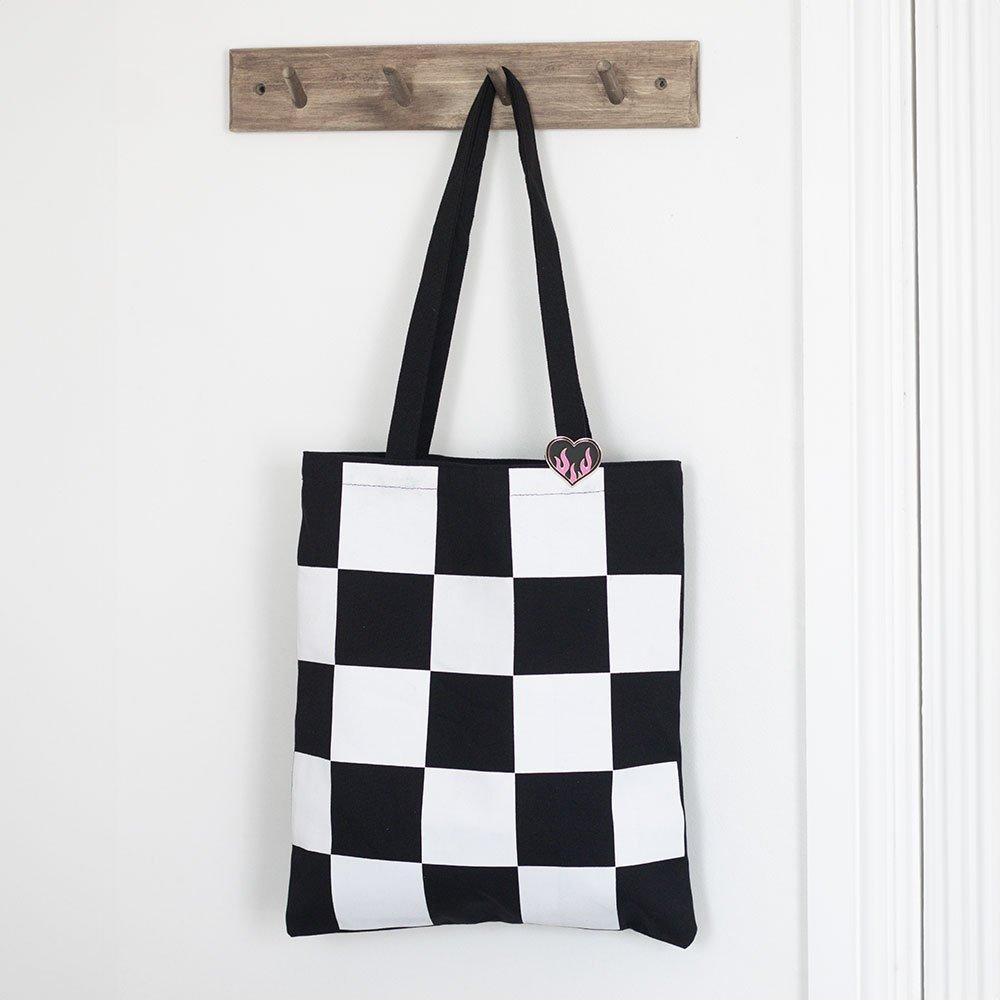 Something Different  Checkerboard Print Polycotton Tote Bag With Enamel - Black