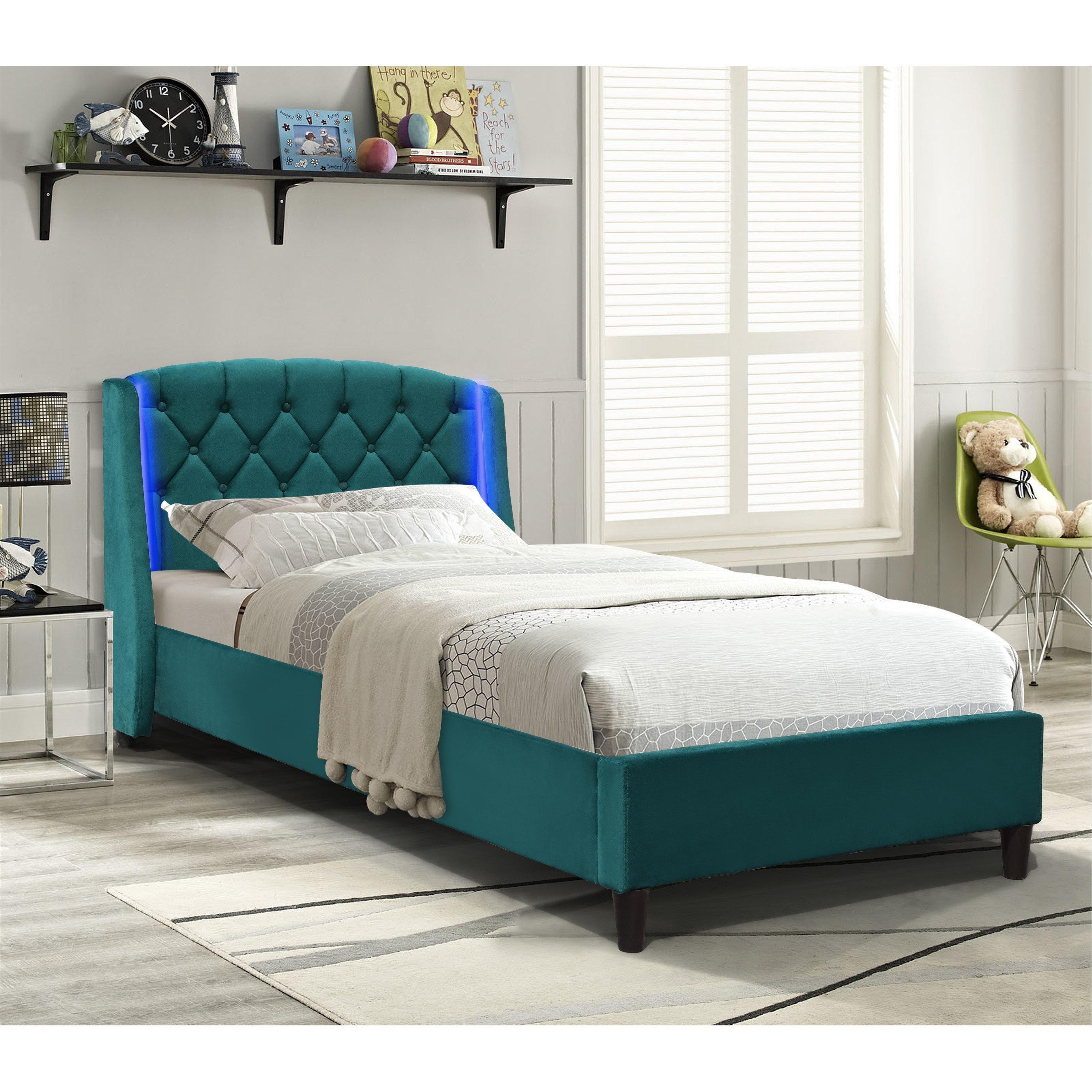 Green - Comfy Living - Diamond Tufted Fabric LED Bed with Mattress - 3